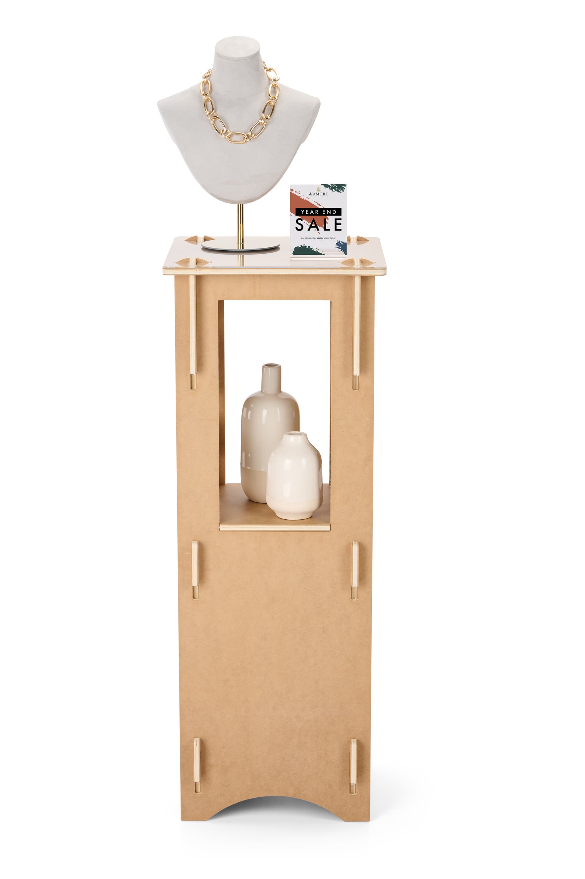 Wooden display pedestal with interlocking pieces for a hardware-free design