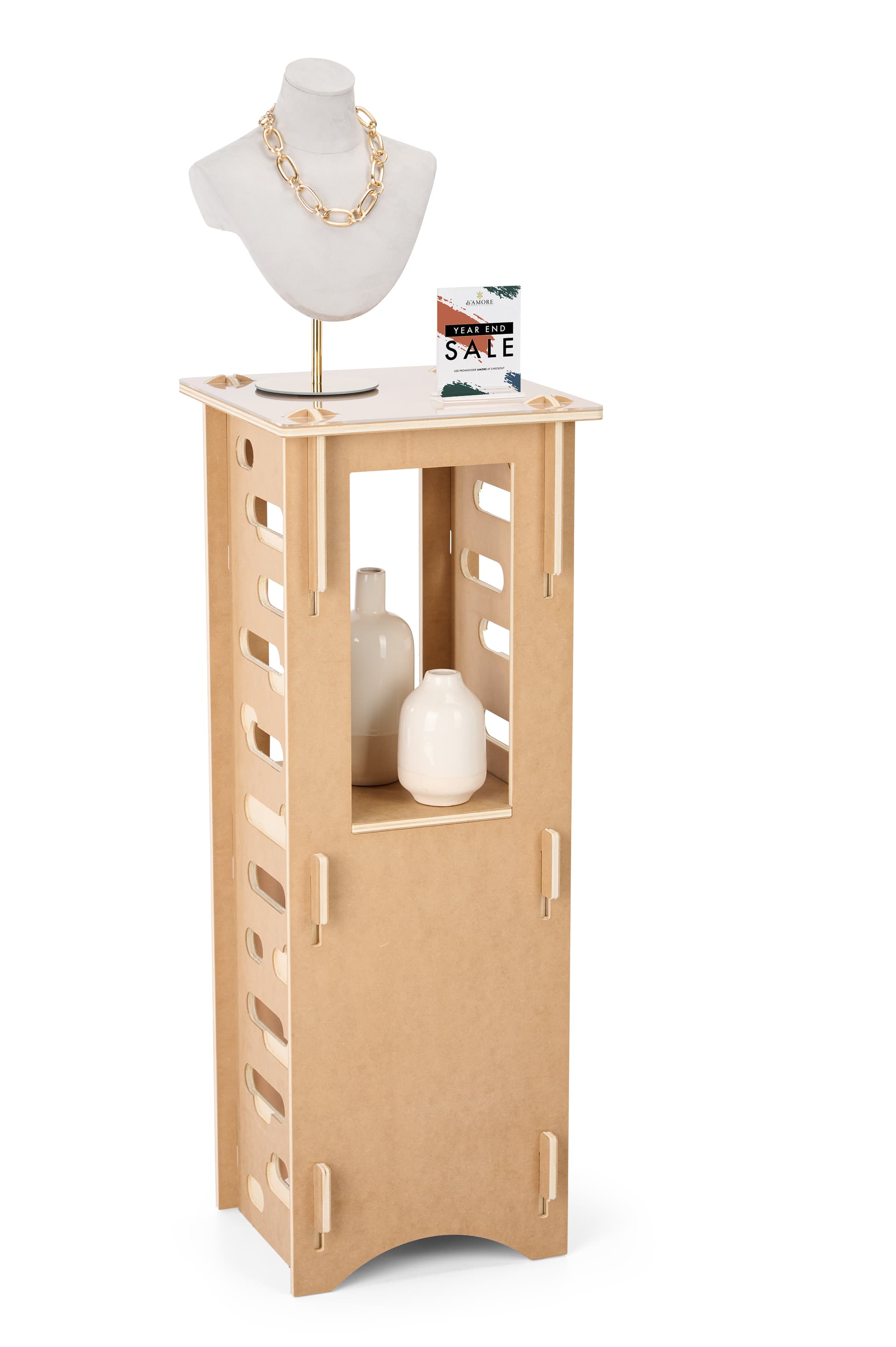 Wooden display pedestal with modern cut out design