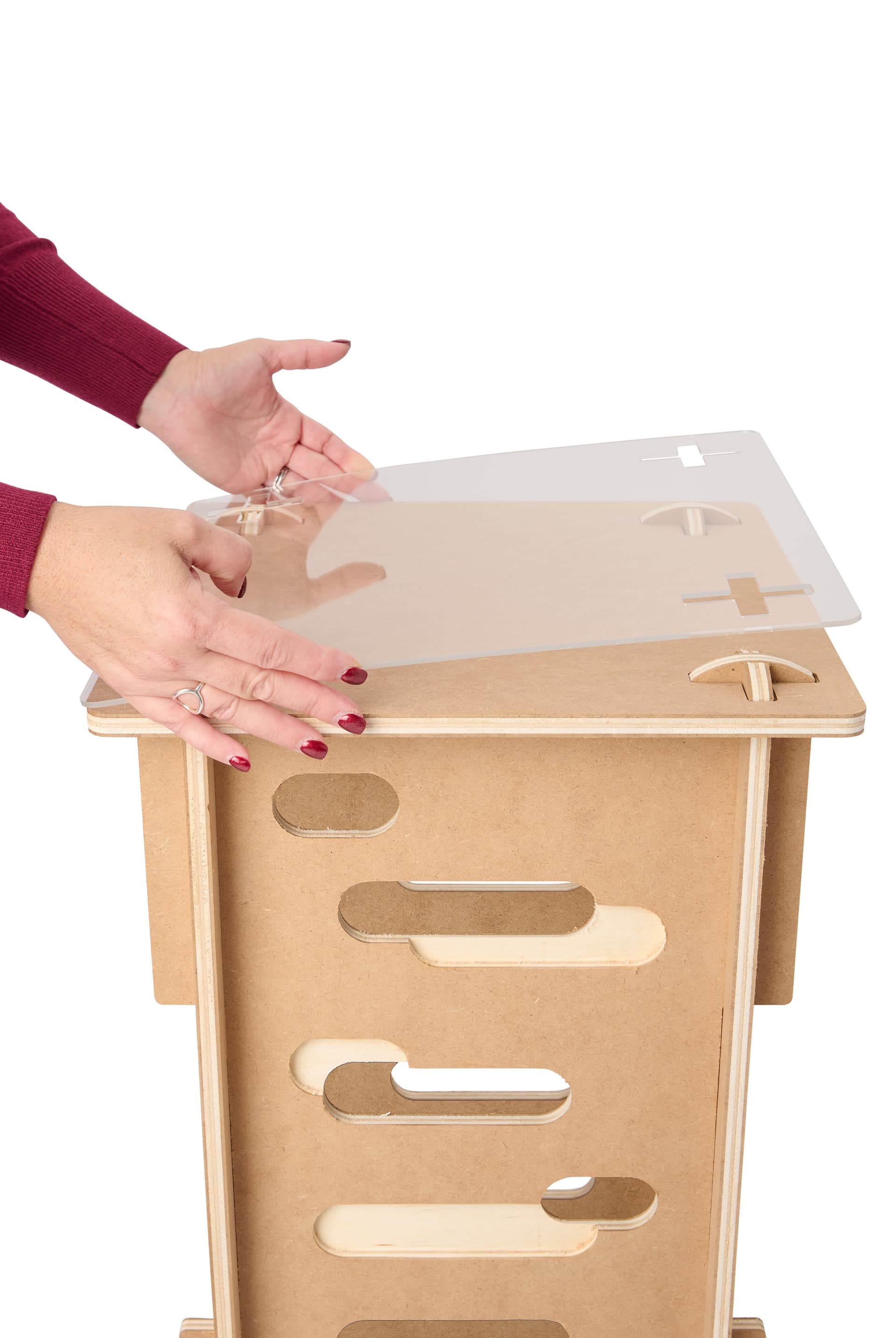 Wooden display pedestal with environmentally friendly topper made of recycled acrylic