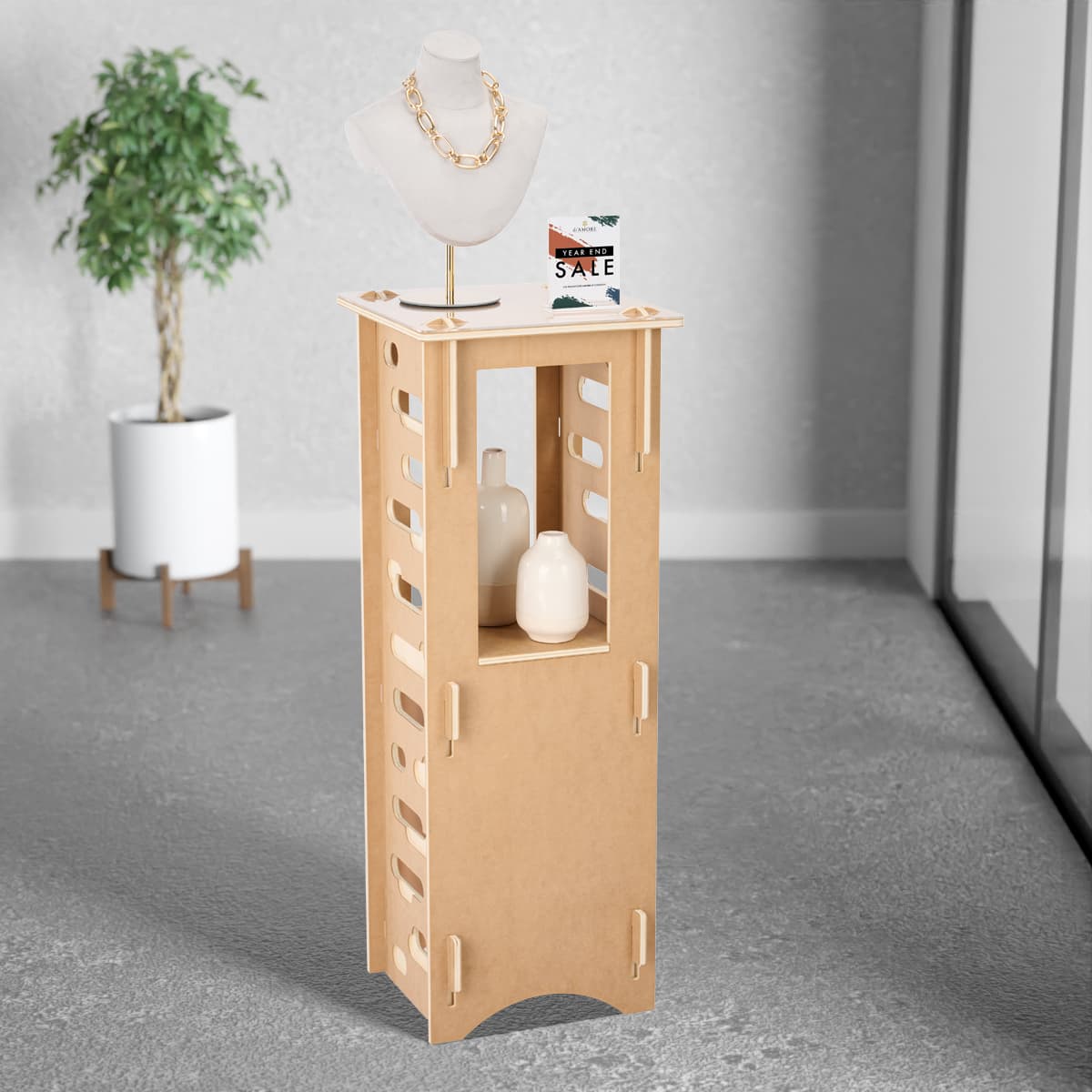 Wood display pedestal with modern design and minimal assembly