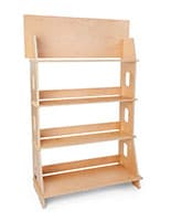 Multi-tier wooden knockdown shelf merchandiser measures 44 inches wide