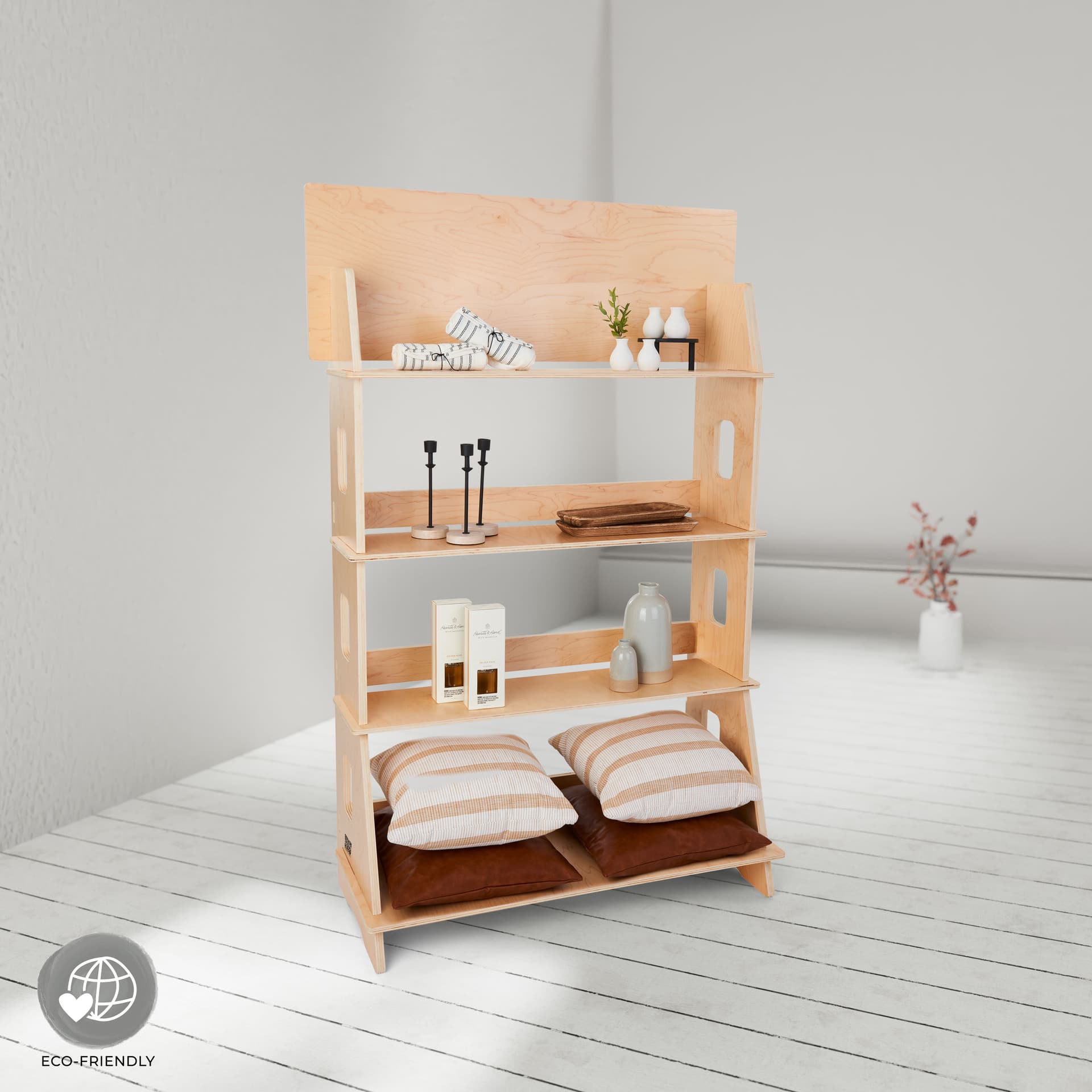Wooden knockdown shelf merchandiser with eco-friendly poplar wood construction 
