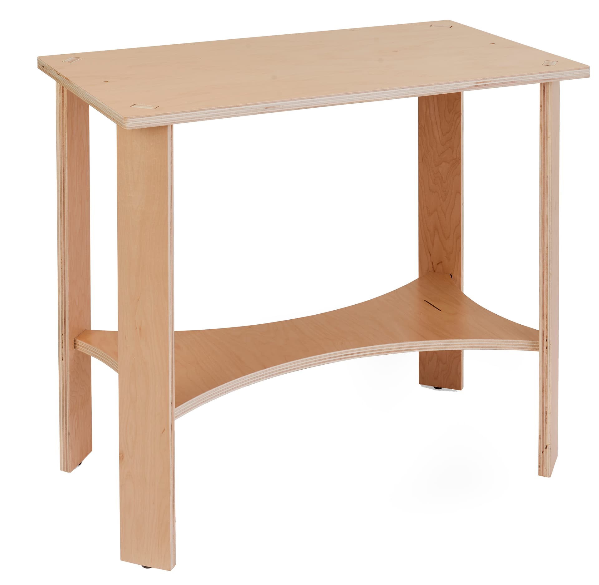 Wooden knockdown display table with protective plastic feet 