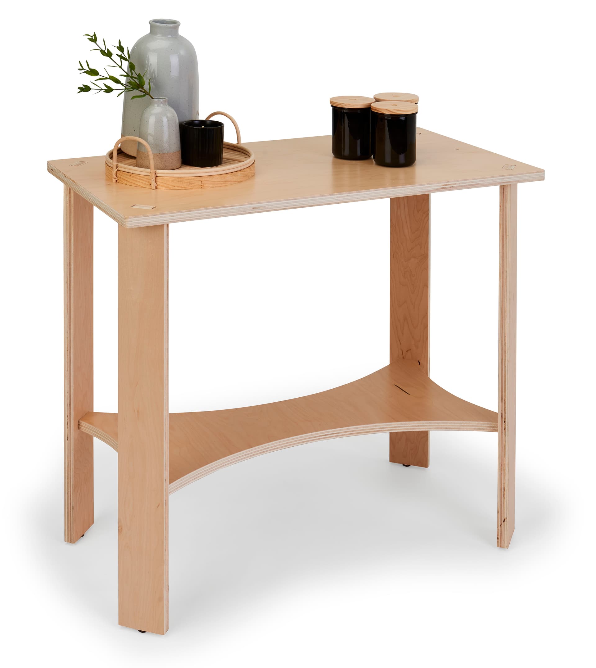 Wooden knockdown display table measures 30 inches wide by 28 inches tall