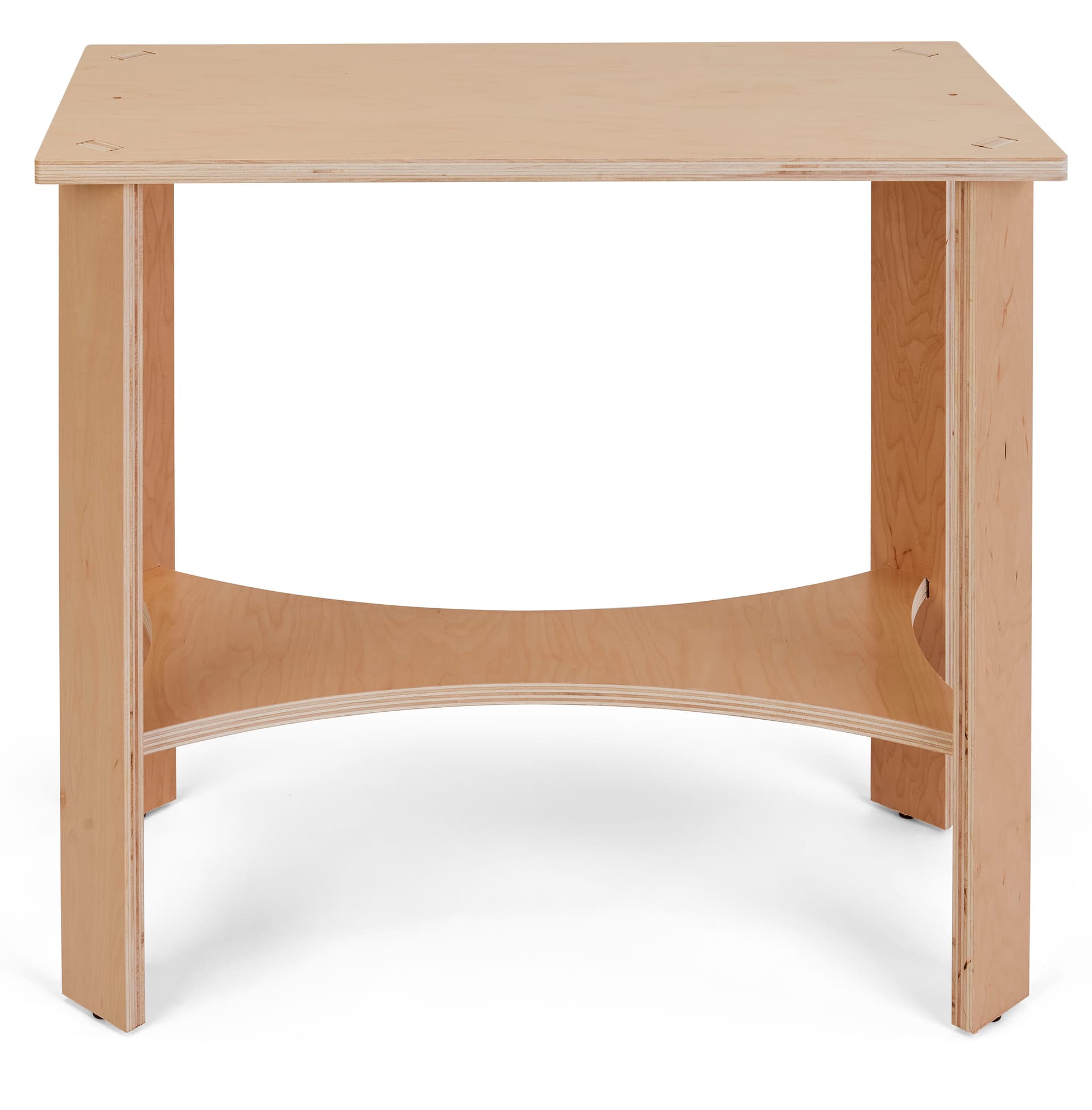 Wooden knockdown display table with four plastic feet 