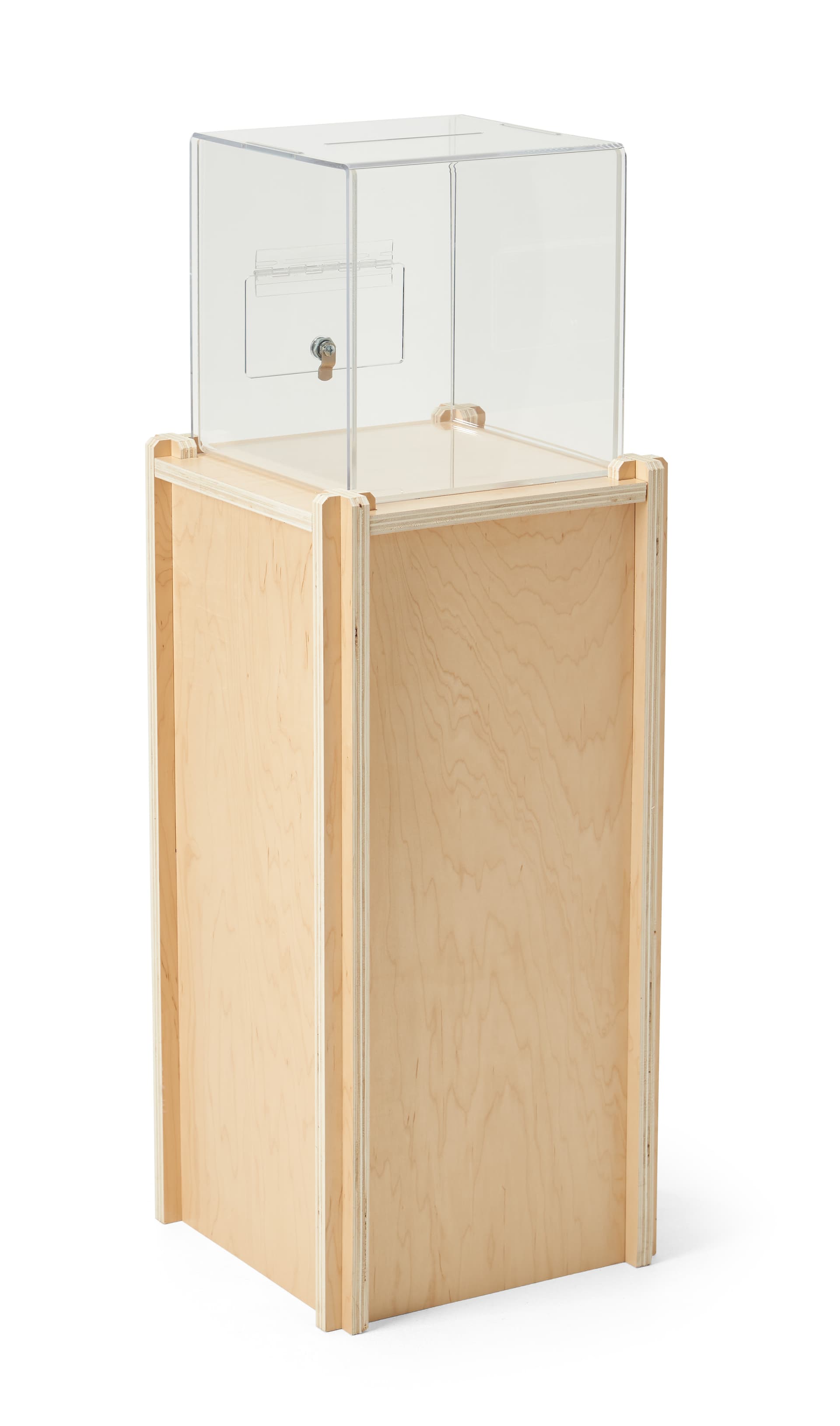 Floor standing donation box with overall height of 44 inches