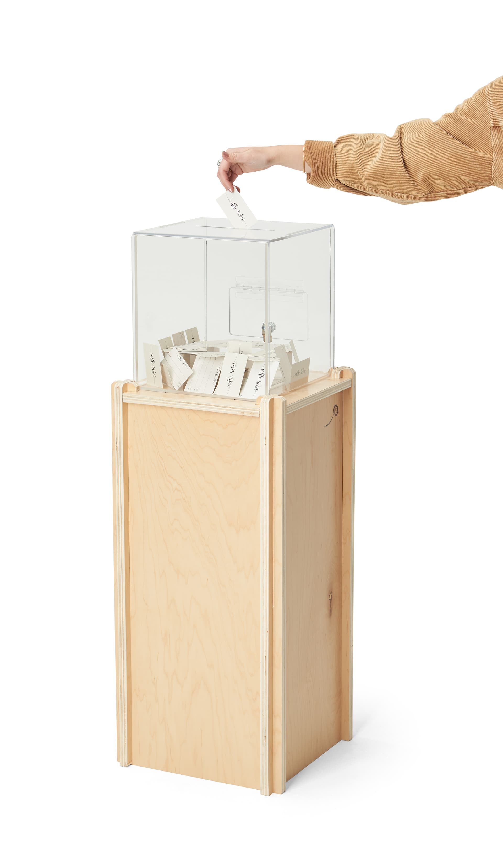 Floor standing donation box with recyclable acrylic topper