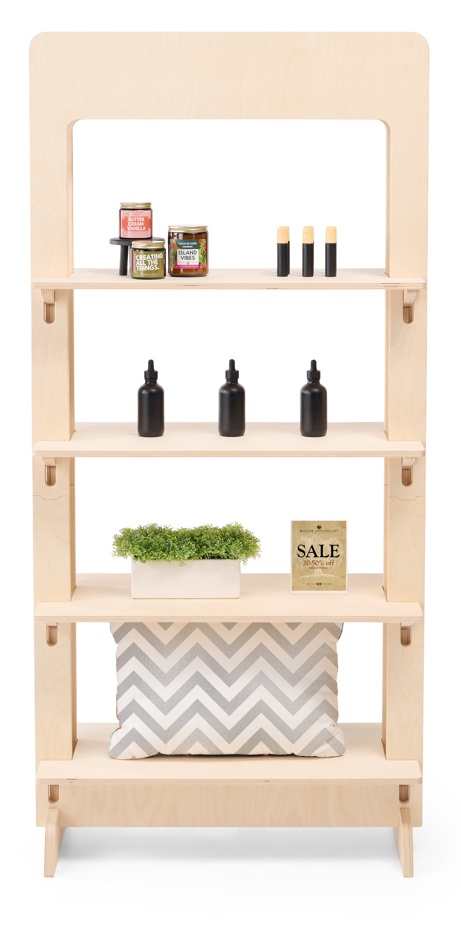 Wood freestanding shelving unit with dual-sided merchandising capabilities