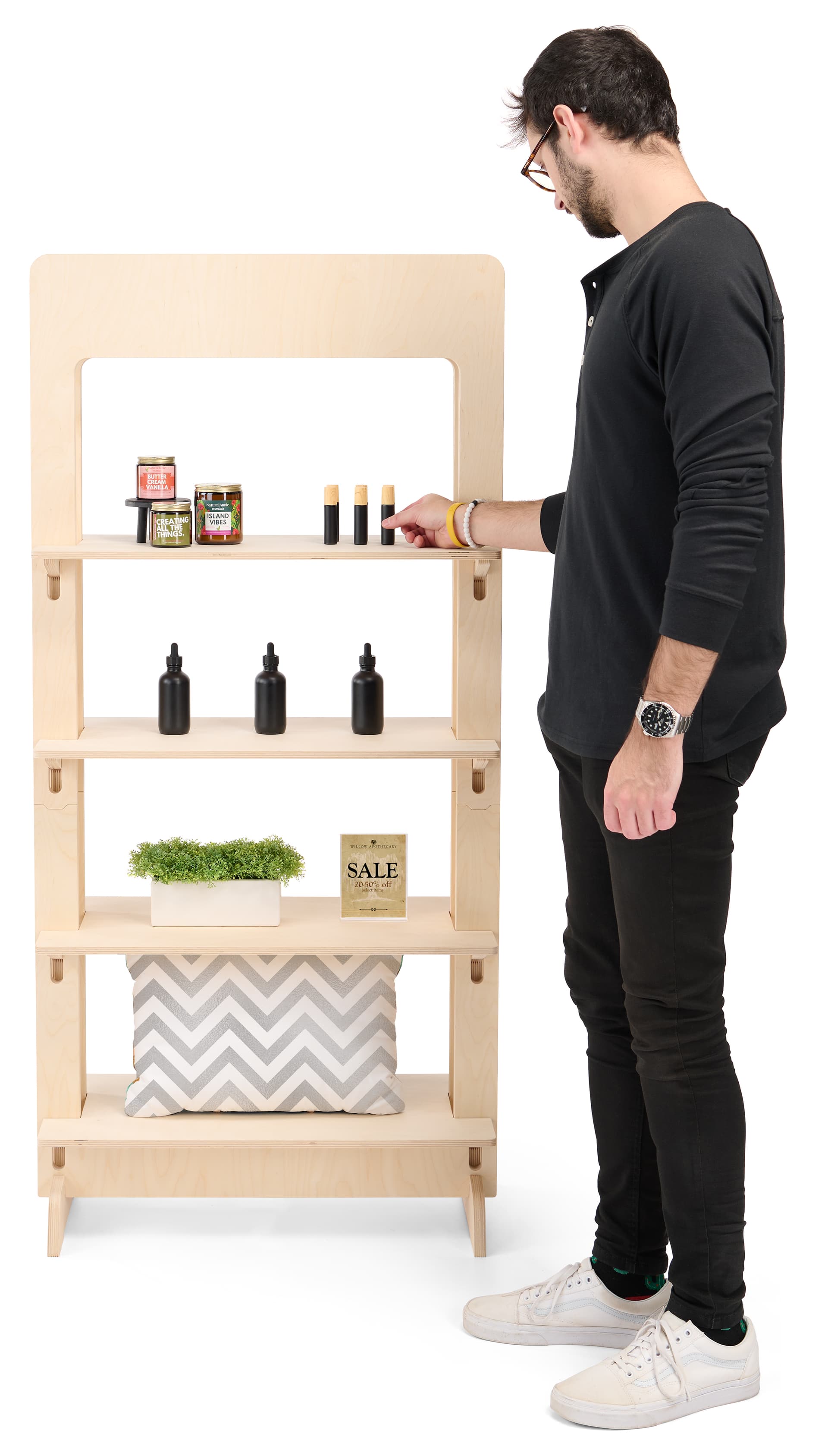 Wood freestanding shelving unit with 27 inch width and 57.5 inch height