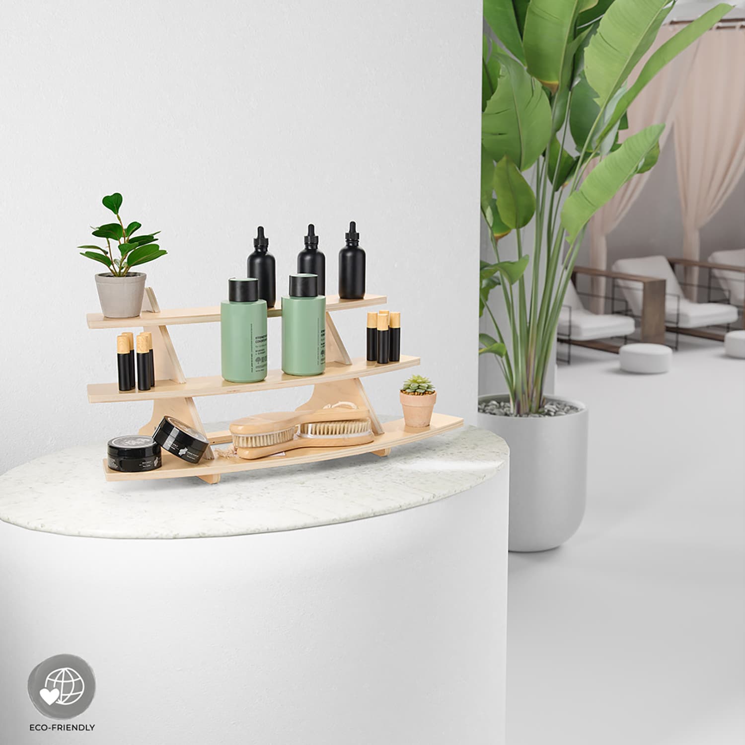 3 tier display stand with a natural wood color style