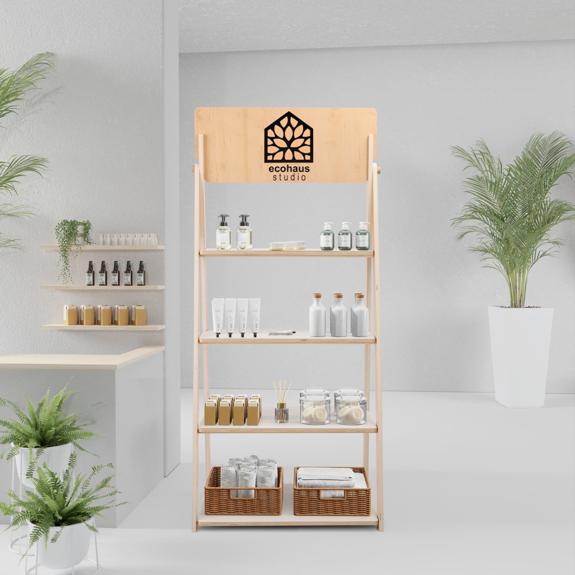 Wooden Ladder Shelves with Customizable Header   