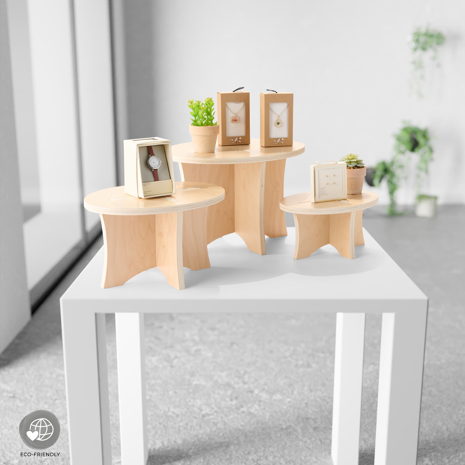 Wood display risers with natural wood colorway