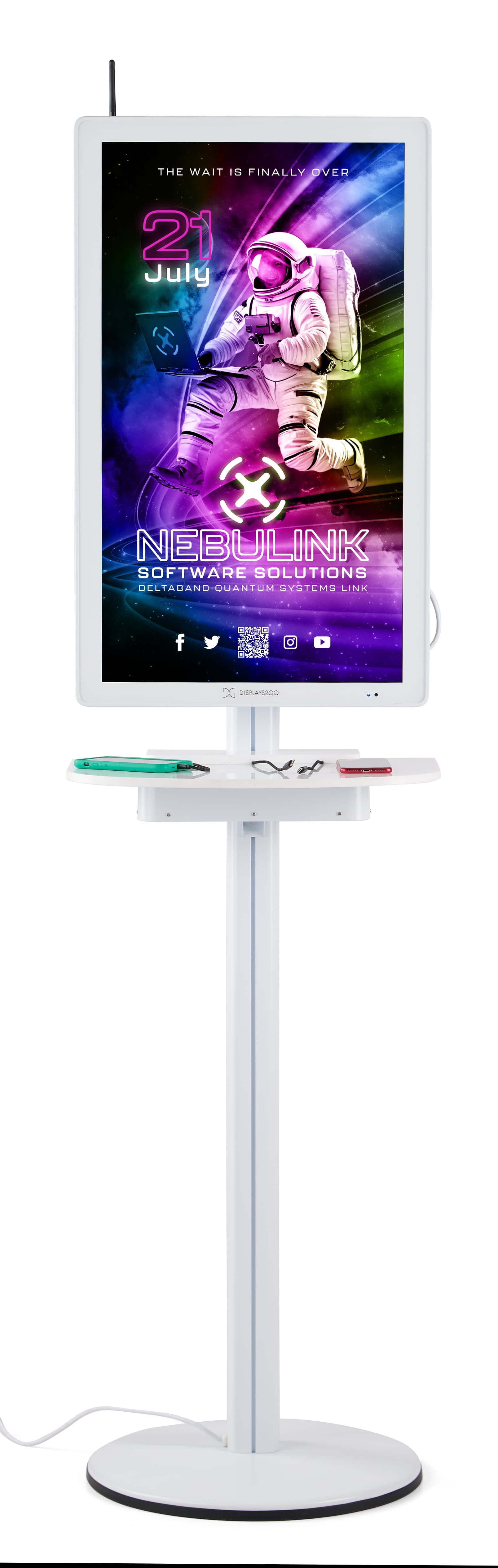 Digital charging station with showcasing a vibrant software advertising and placed frontwards while charging two devices