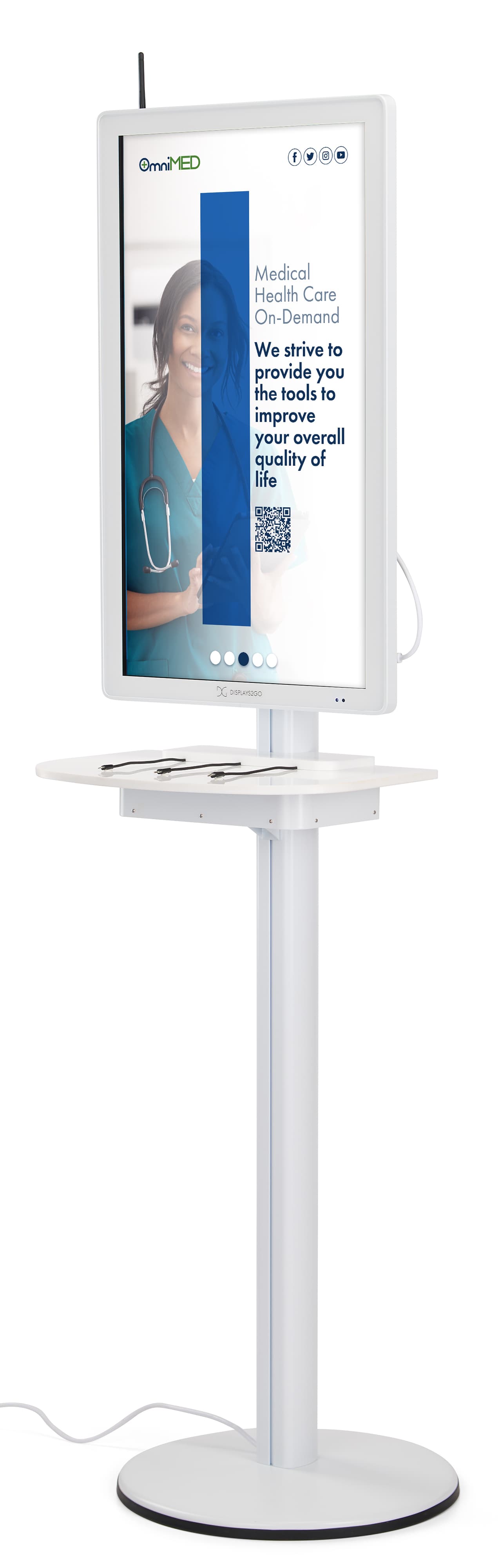 Digital charging station with a medical facility graphic being showcased on the 32 inch screen 