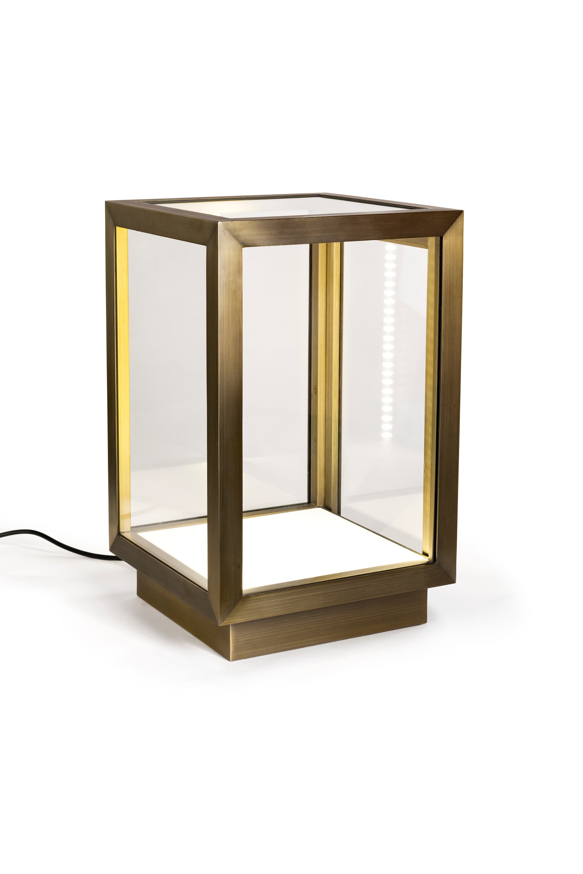 Metal framed square glass curio box includes LED strips on both sides