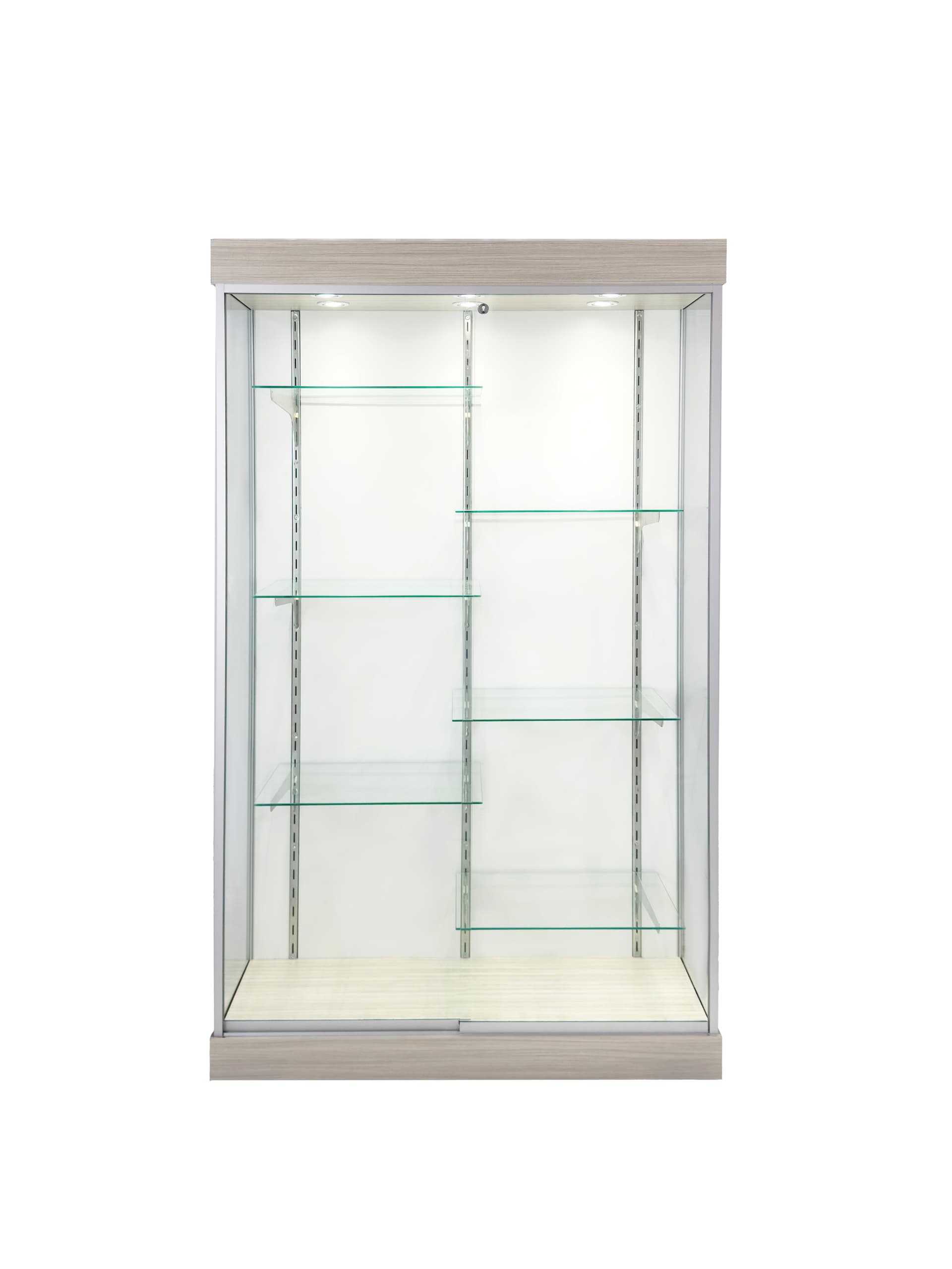 LED glass display cabinet with white interior backwall