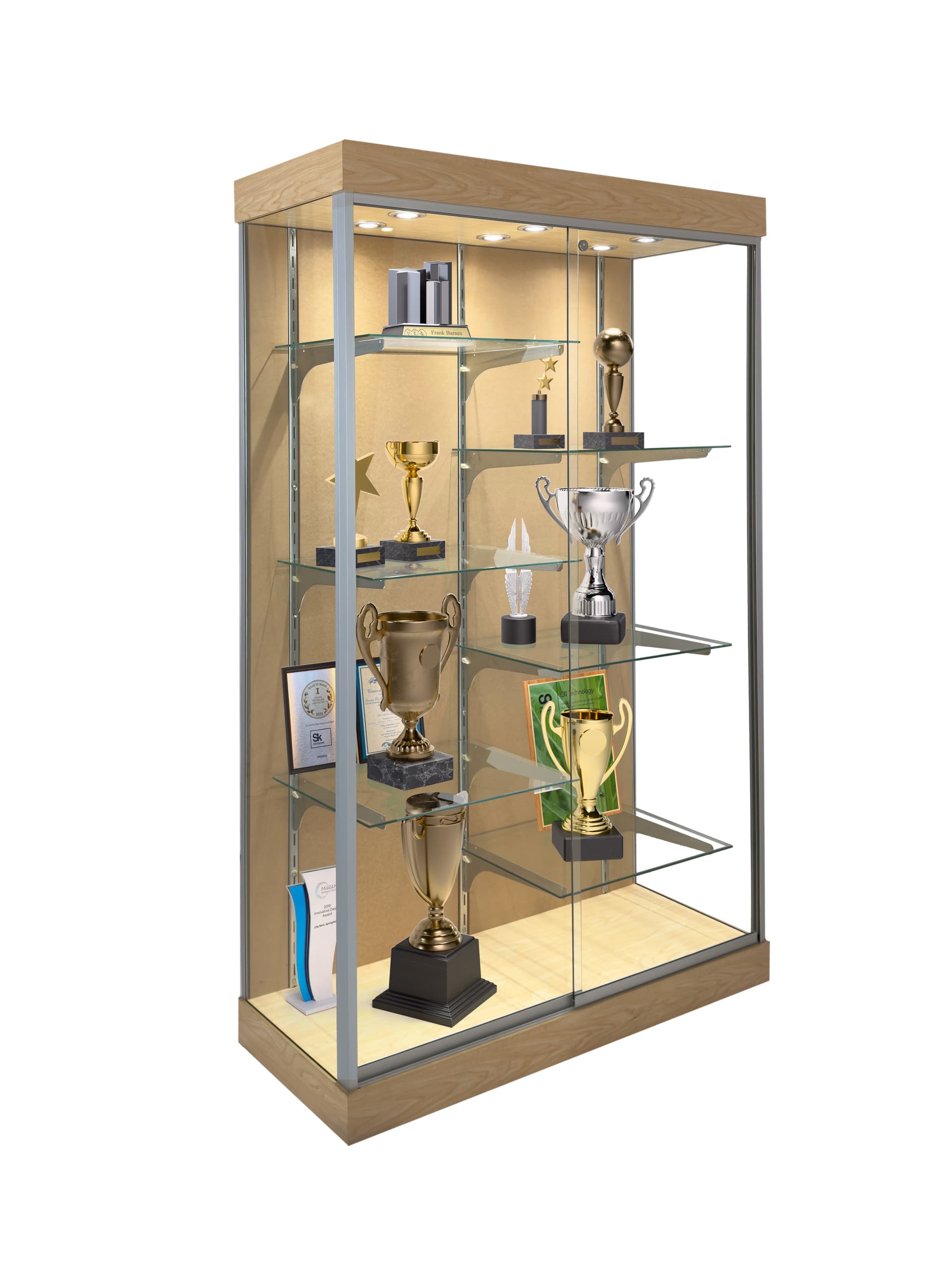 LED glass display cabinet with split shelves