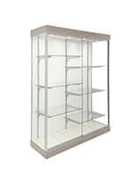 LED Glass Display Cabinet w/ Split Adjustable Shelves, LED Lights, and Locking Door LED glass display cabinet with concrete groovs finish