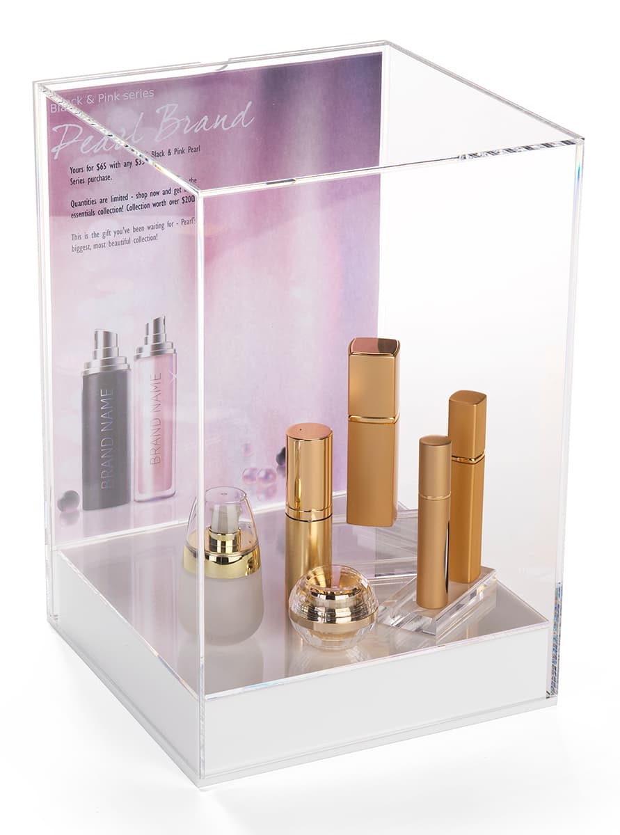 White base tabletop acrylic display box with label