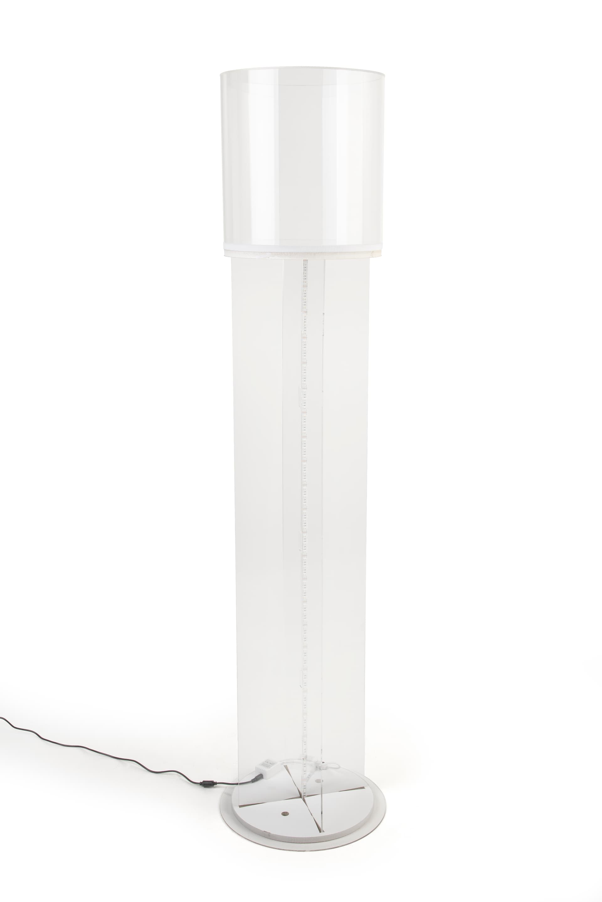 Round pedestal display case with acrylic and corrugated cardboard construction