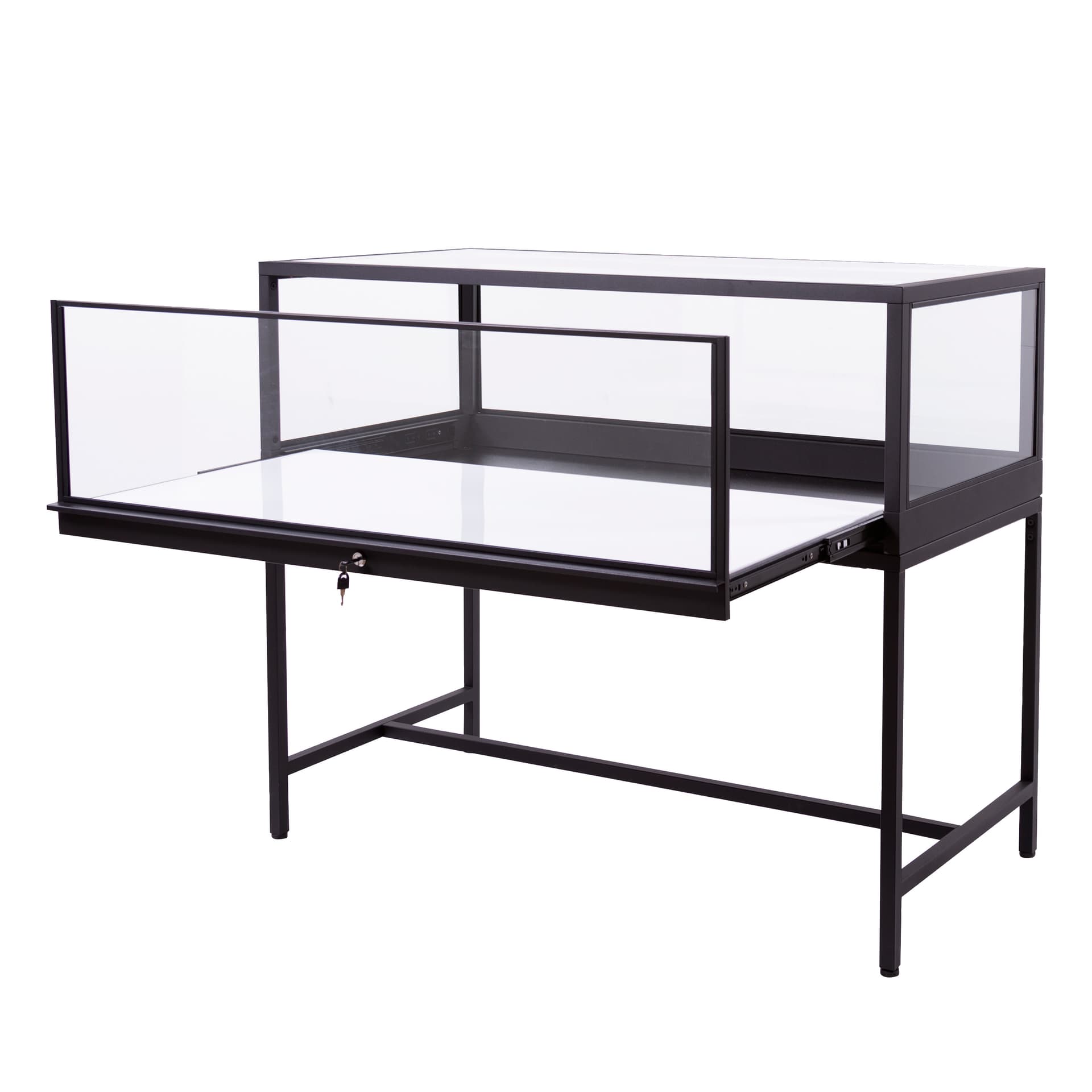 Full vision display case with pull-out display platform