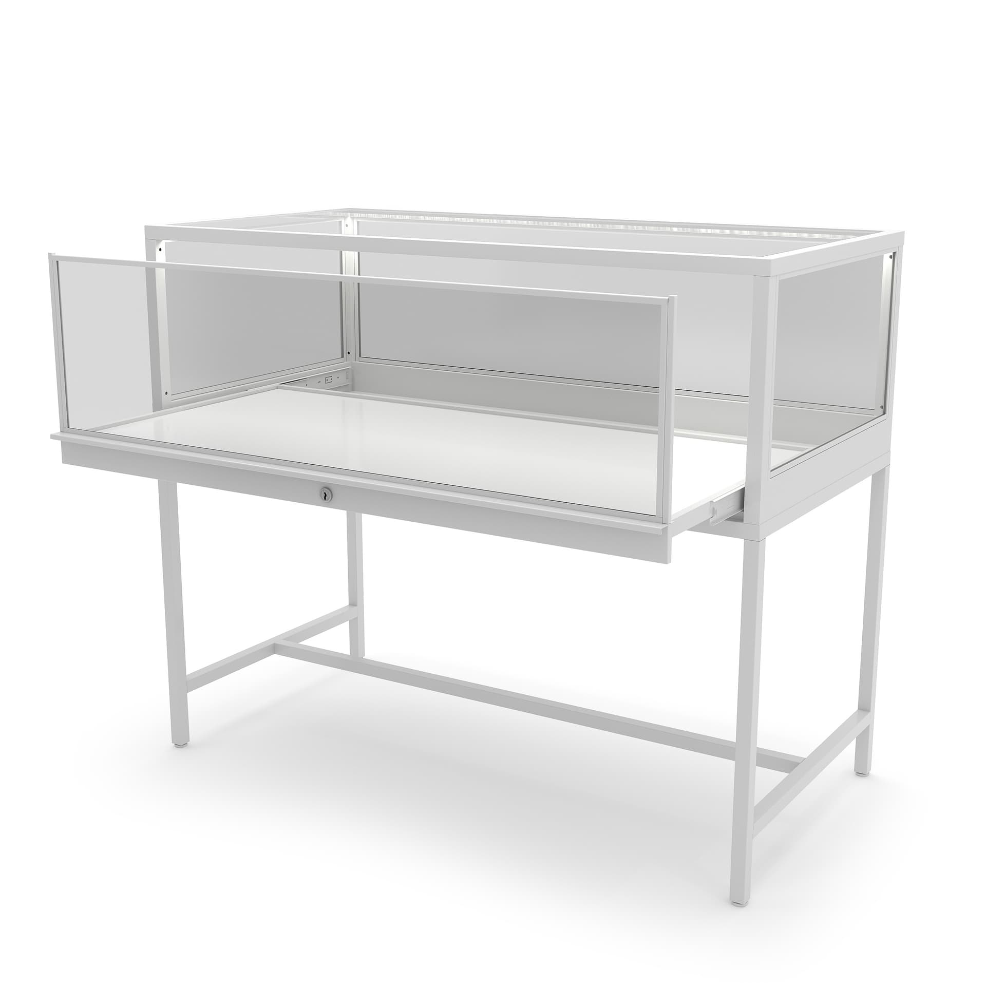 Full vision display case with pull-out display platform