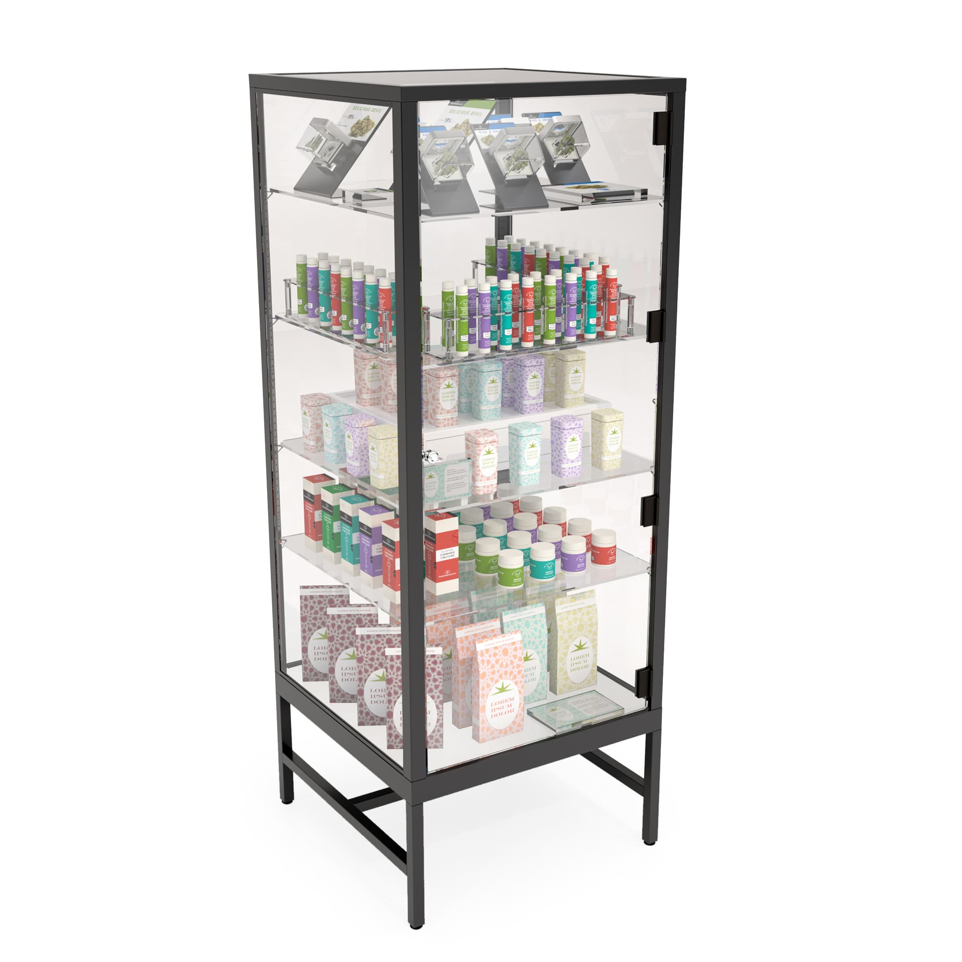 Glass showcase tower with steel frame