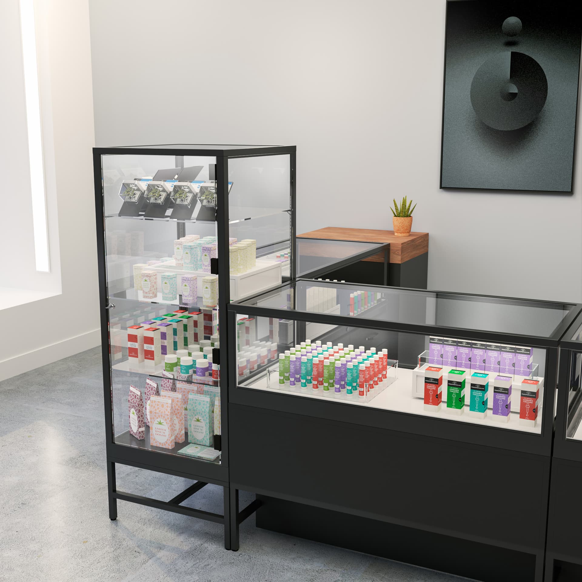 Glass showcase tower in retail environment