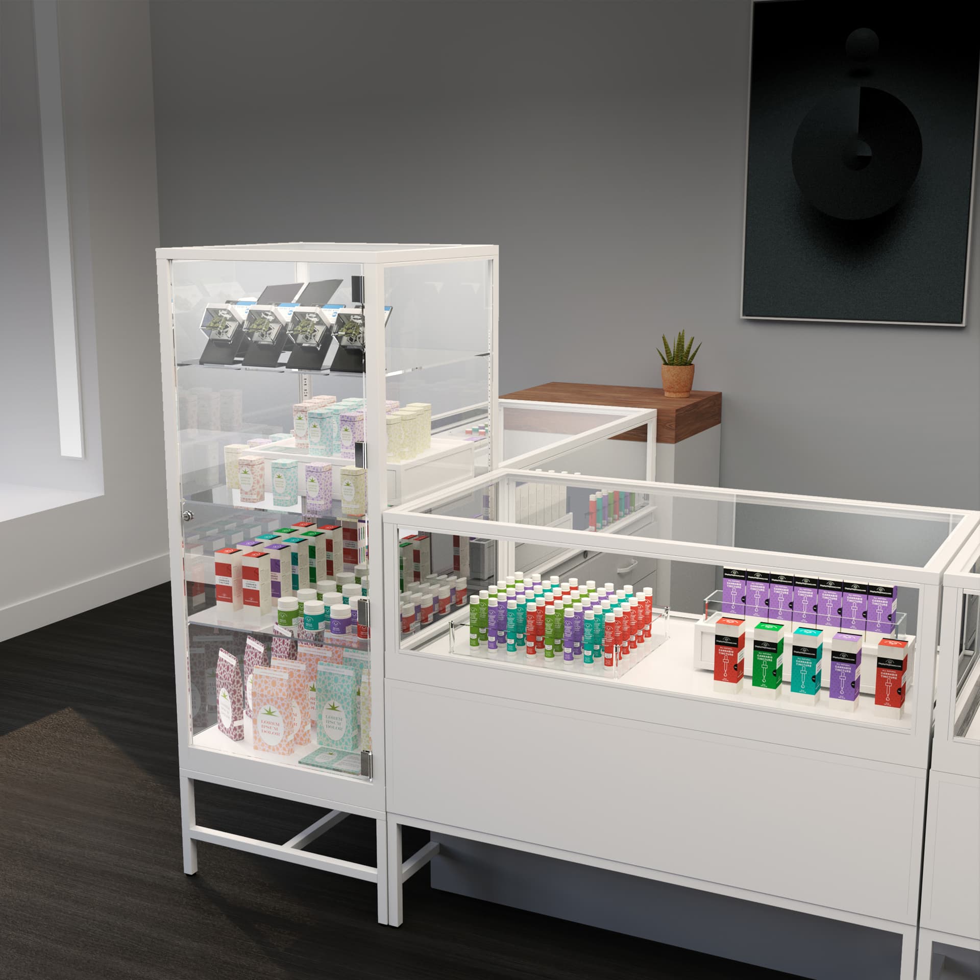 Glass showcase tower in retail environment