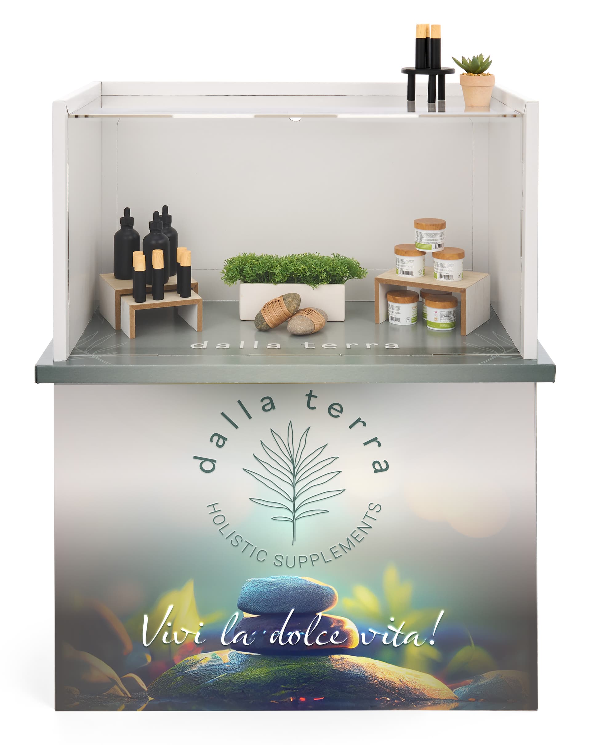 Portable acrylic display counter with graphics made of FSC-certified and recycled materials 