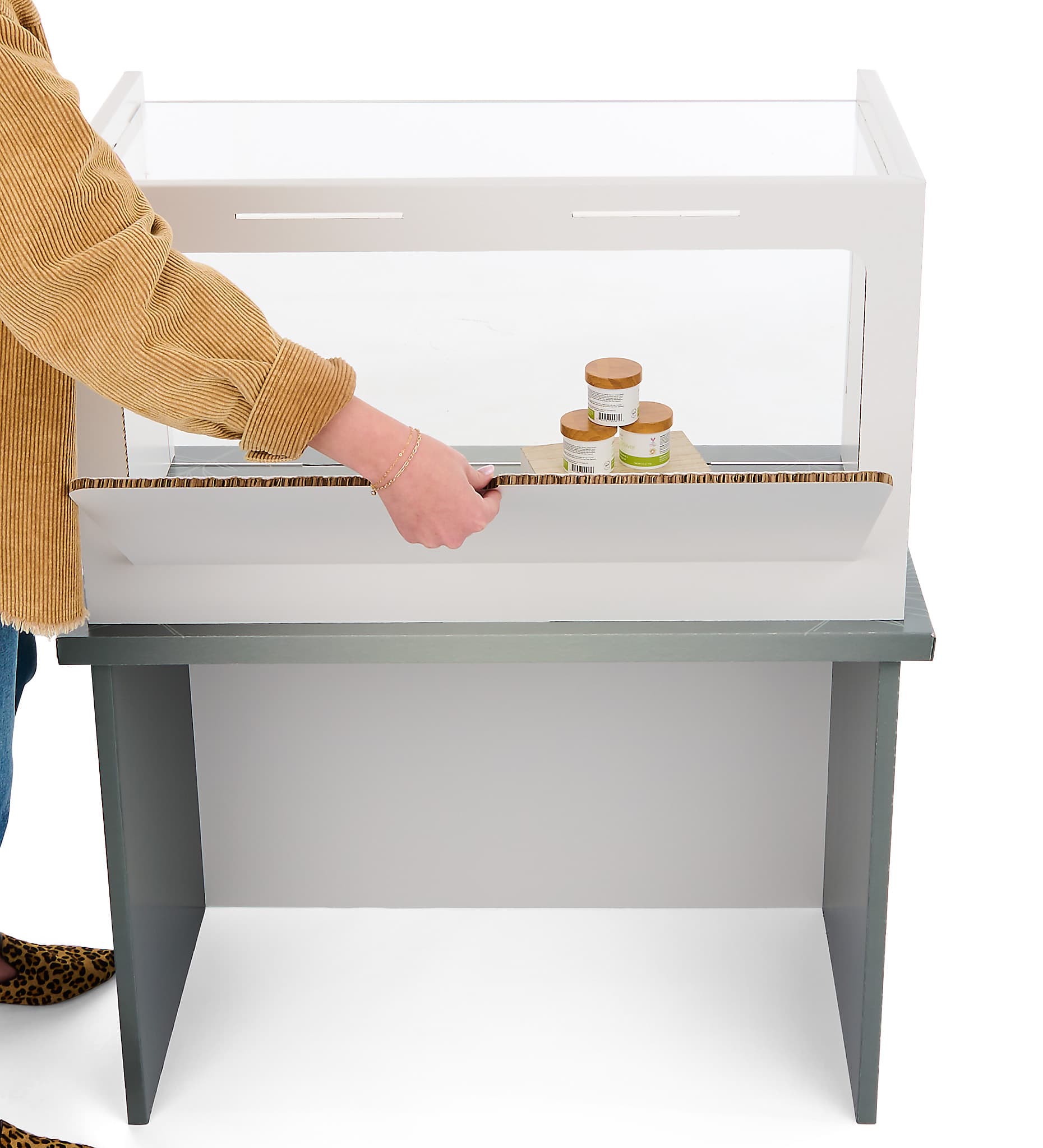 Portable acrylic display counter with graphics and easy back door access