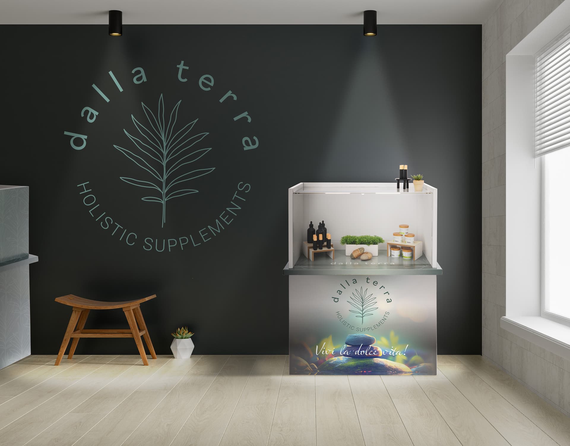 Portable acrylic display counter with graphics and recycled acrylic counter