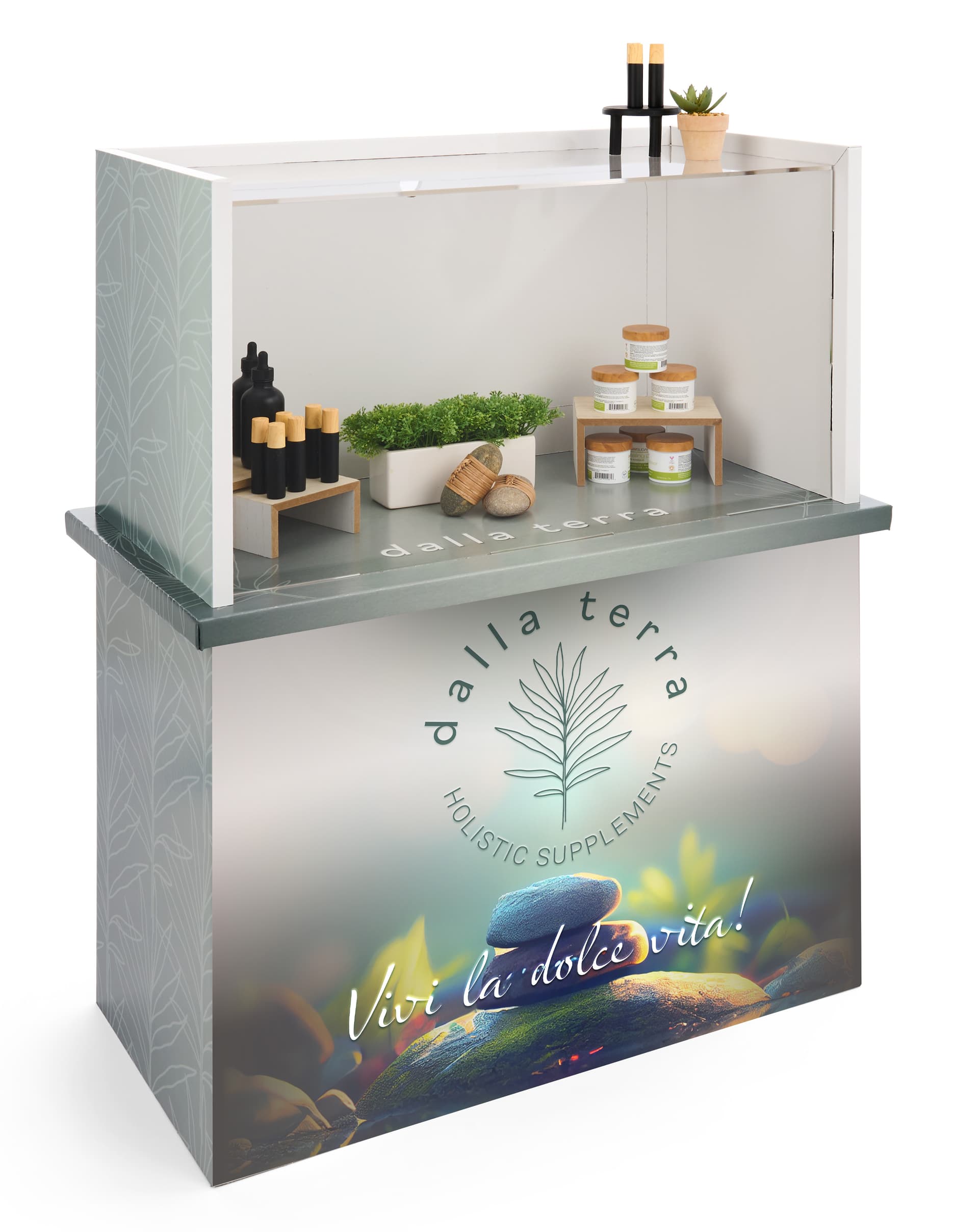 Portable acrylic display counter with graphics and eco-friendly design