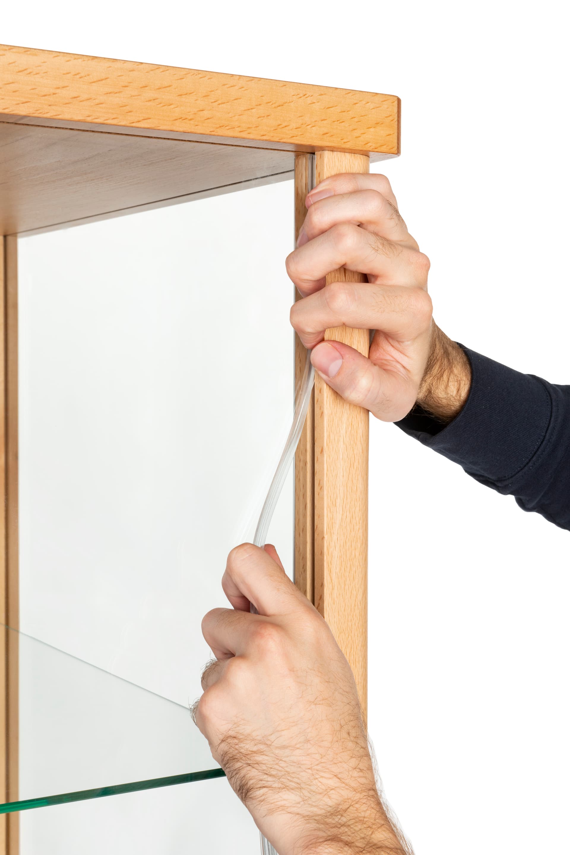 glass curio cabinet display with rattle-resisting silicone