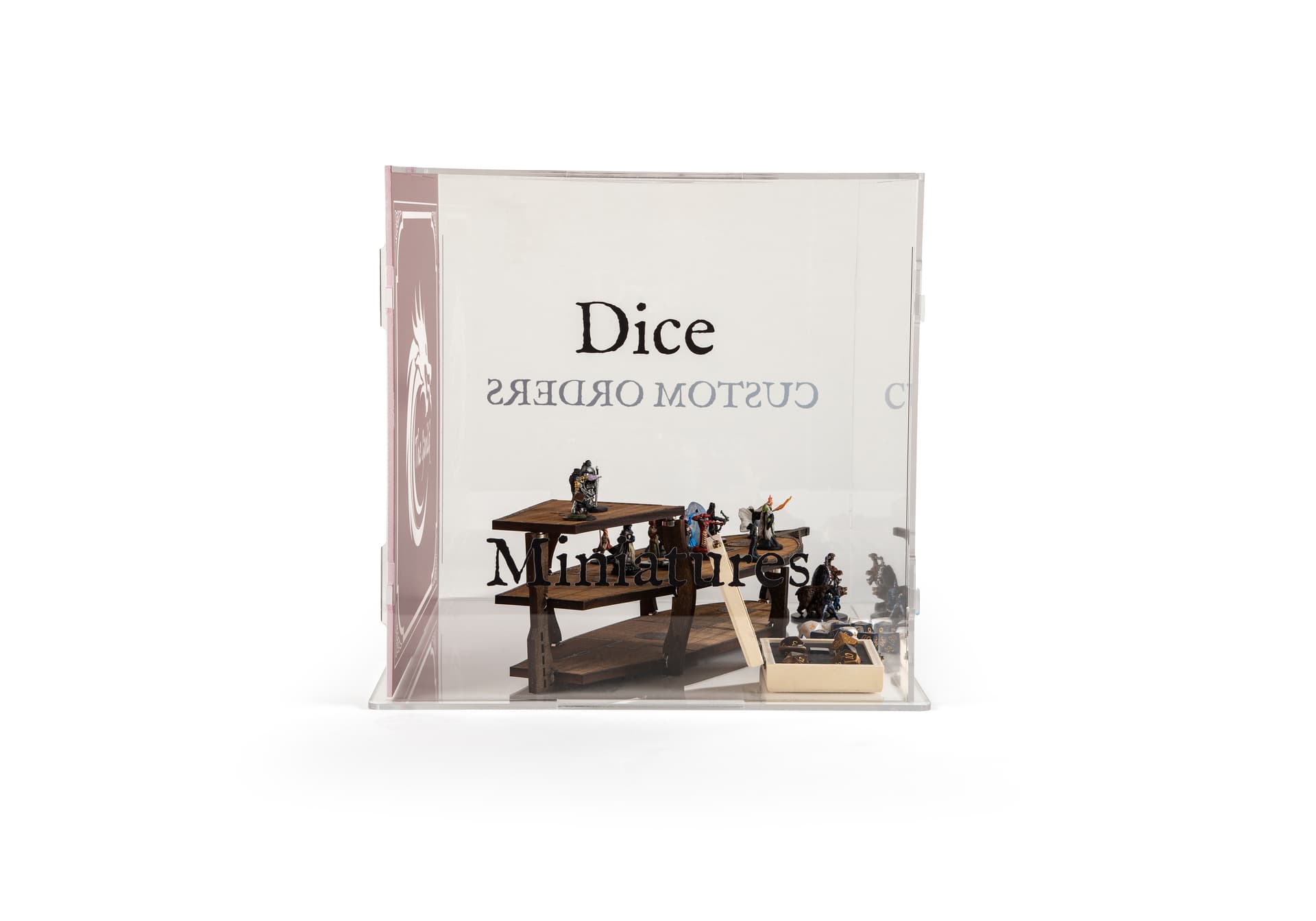 6-sided printed display riser case with clear panels