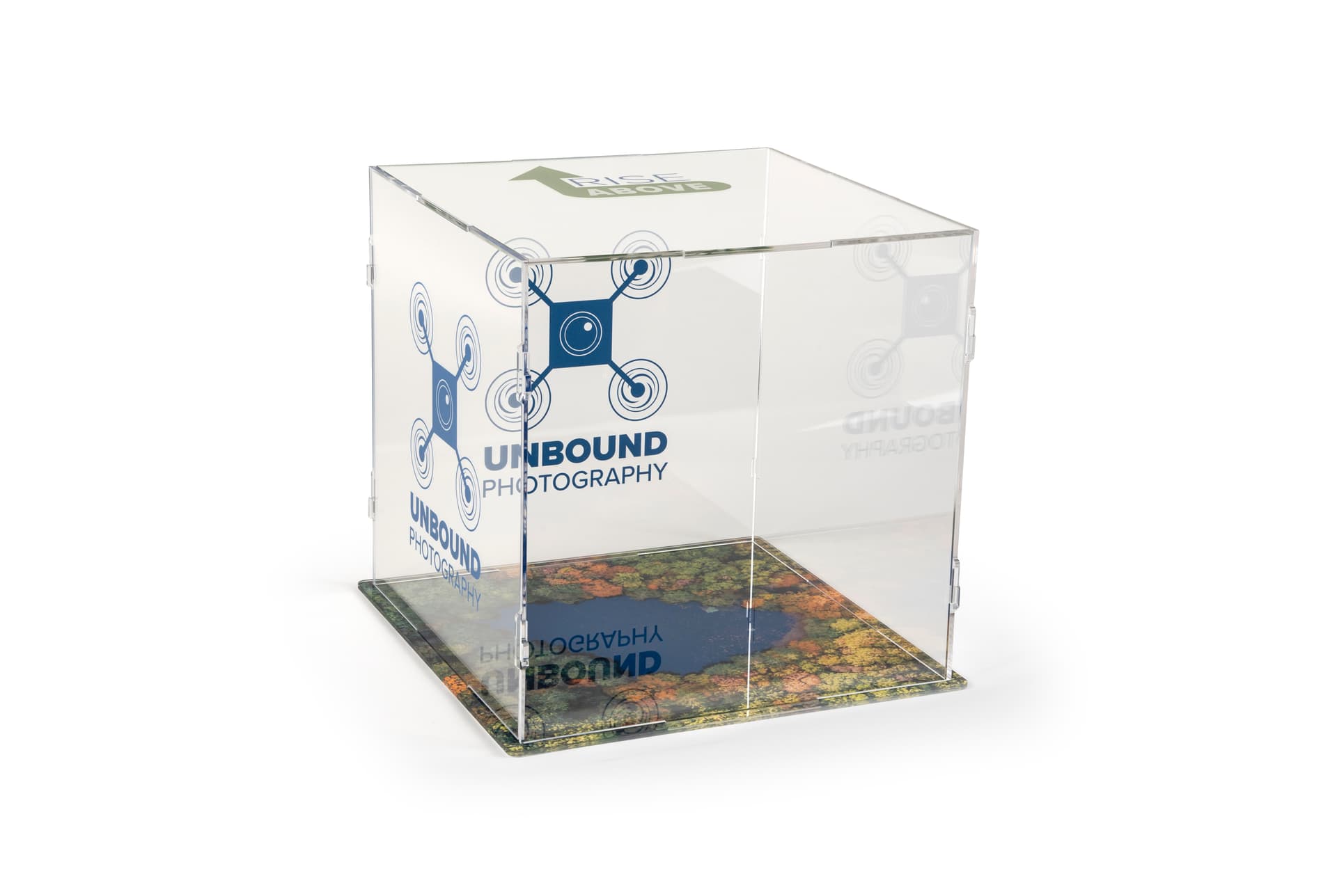 Custom printed folding acrylic display cube with company branding