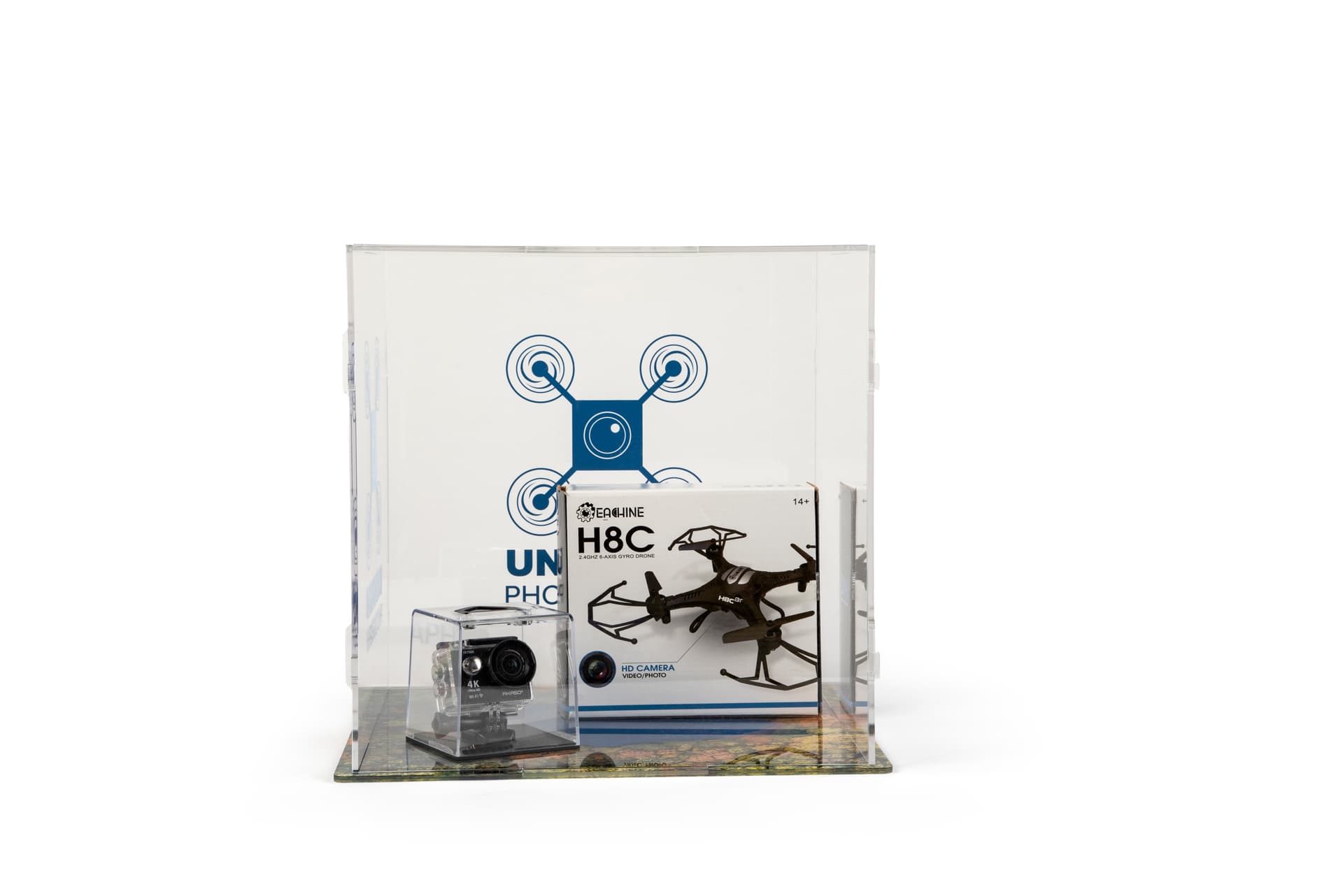 Custom printed folding acrylic display cube with clear sides