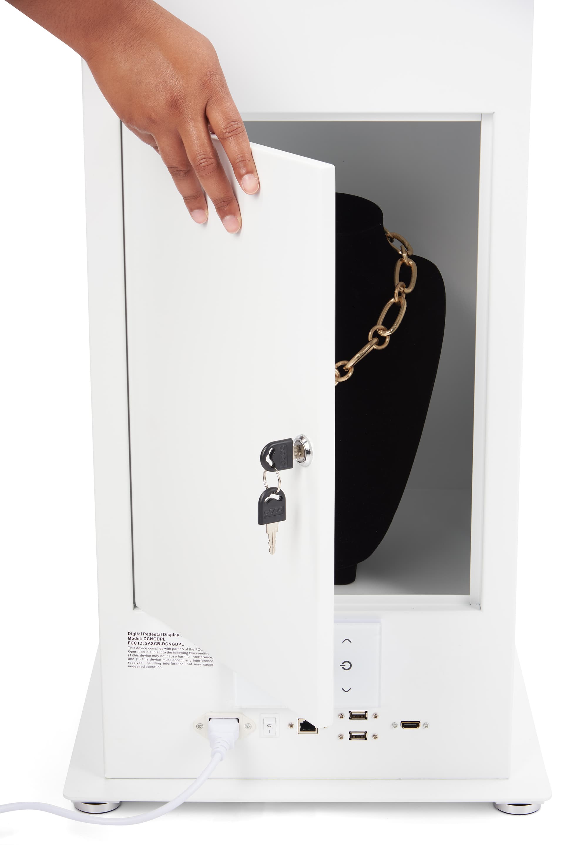 Exhibit pedestal case with video screen and lockable storage for your valuables