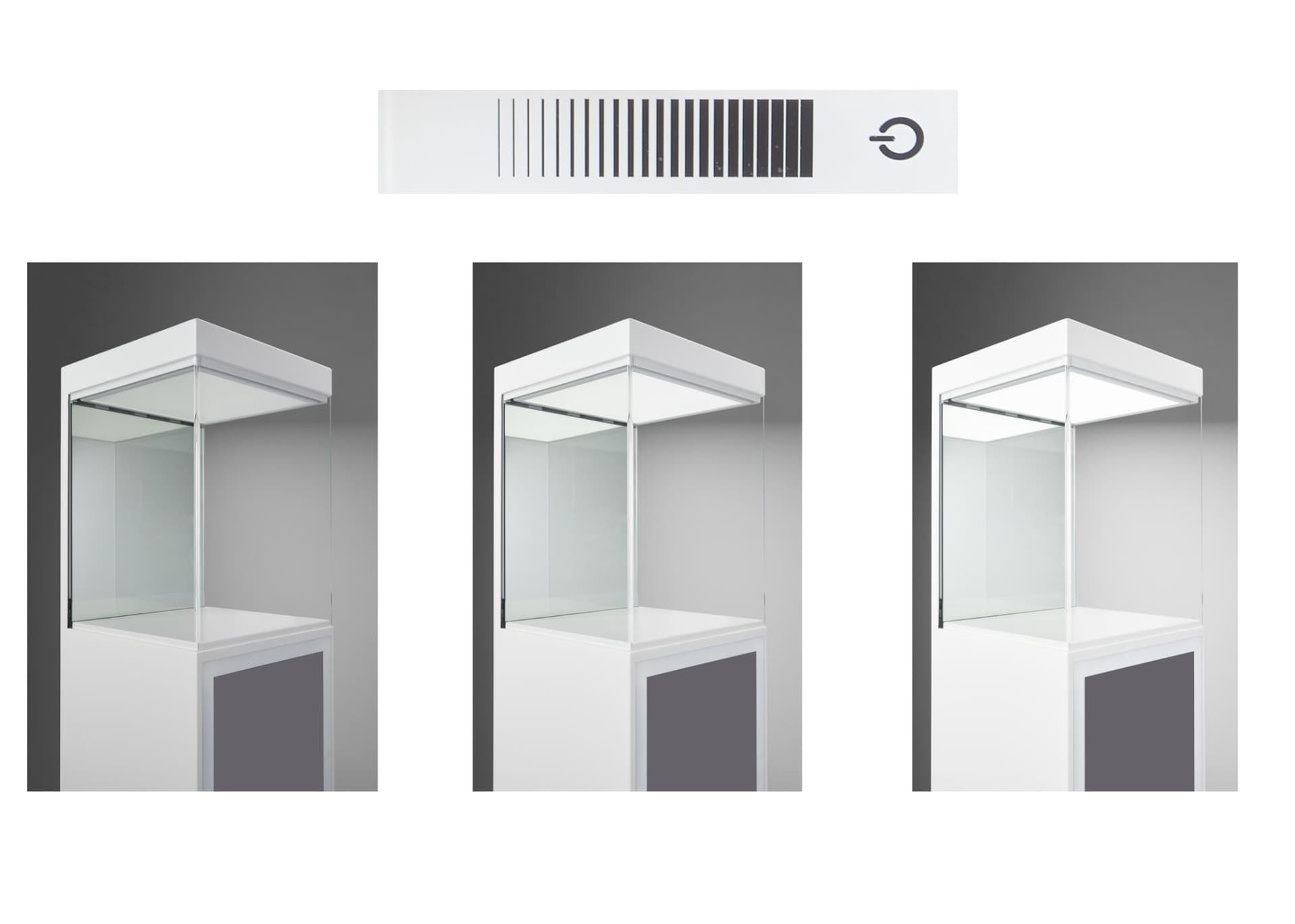 Exhibit pedestal case with video screen and dimming LED lights