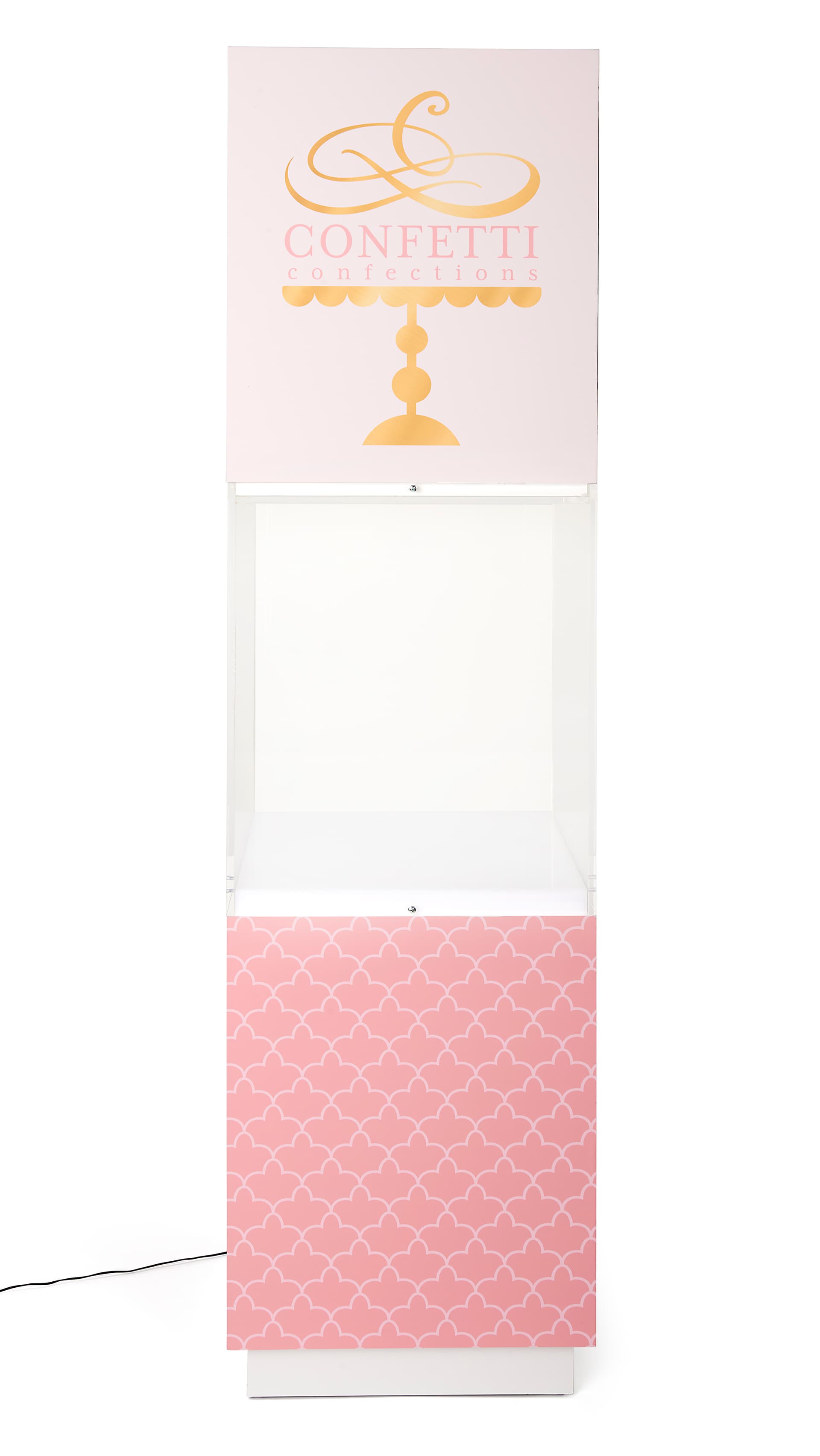 Bottom lit pedestal display with custom graphics with center acrylic area