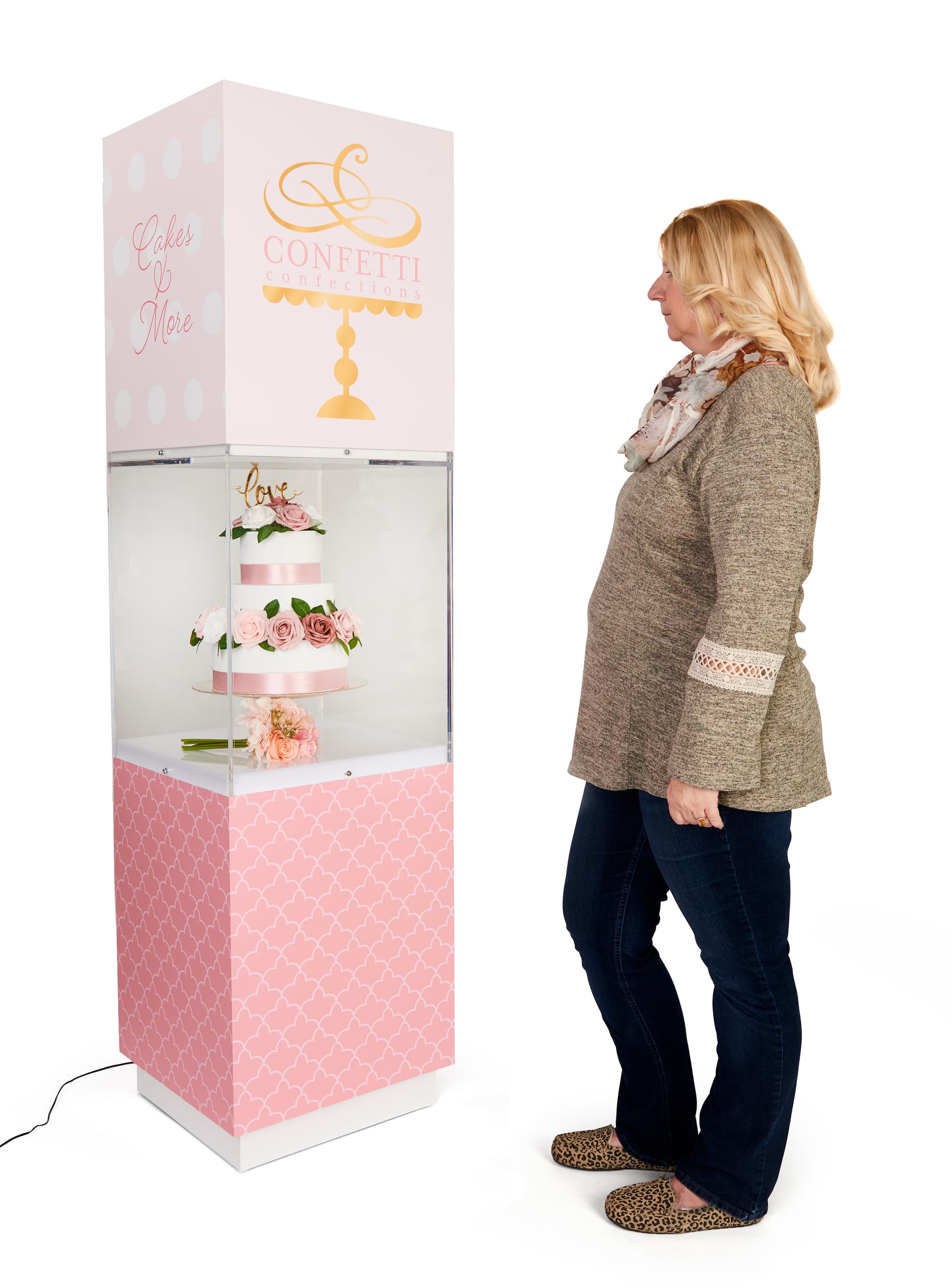 Bottom lit pedestal display with custom graphics on top and bottom 