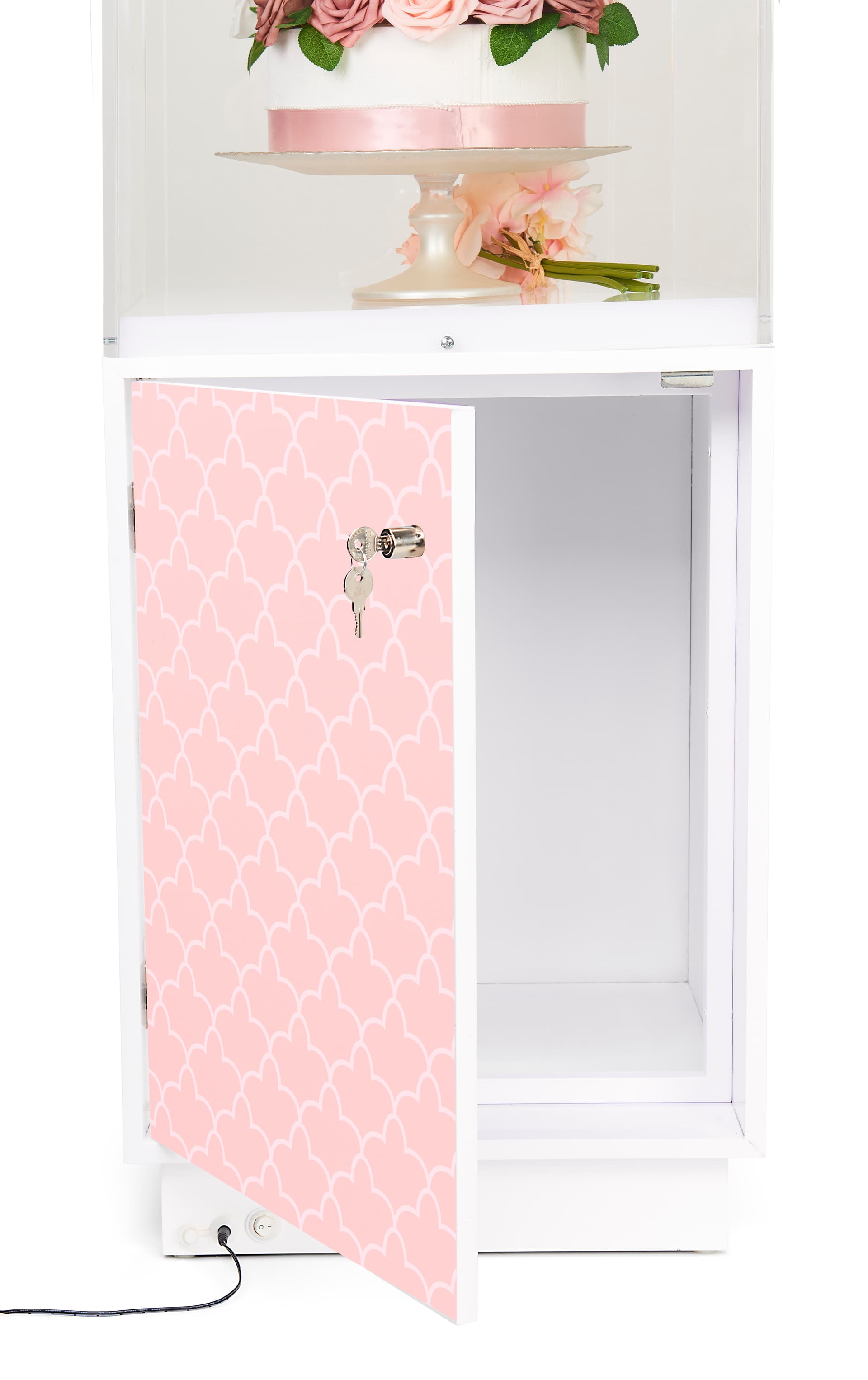Bottom lit pedestal display with custom graphics has back storage area