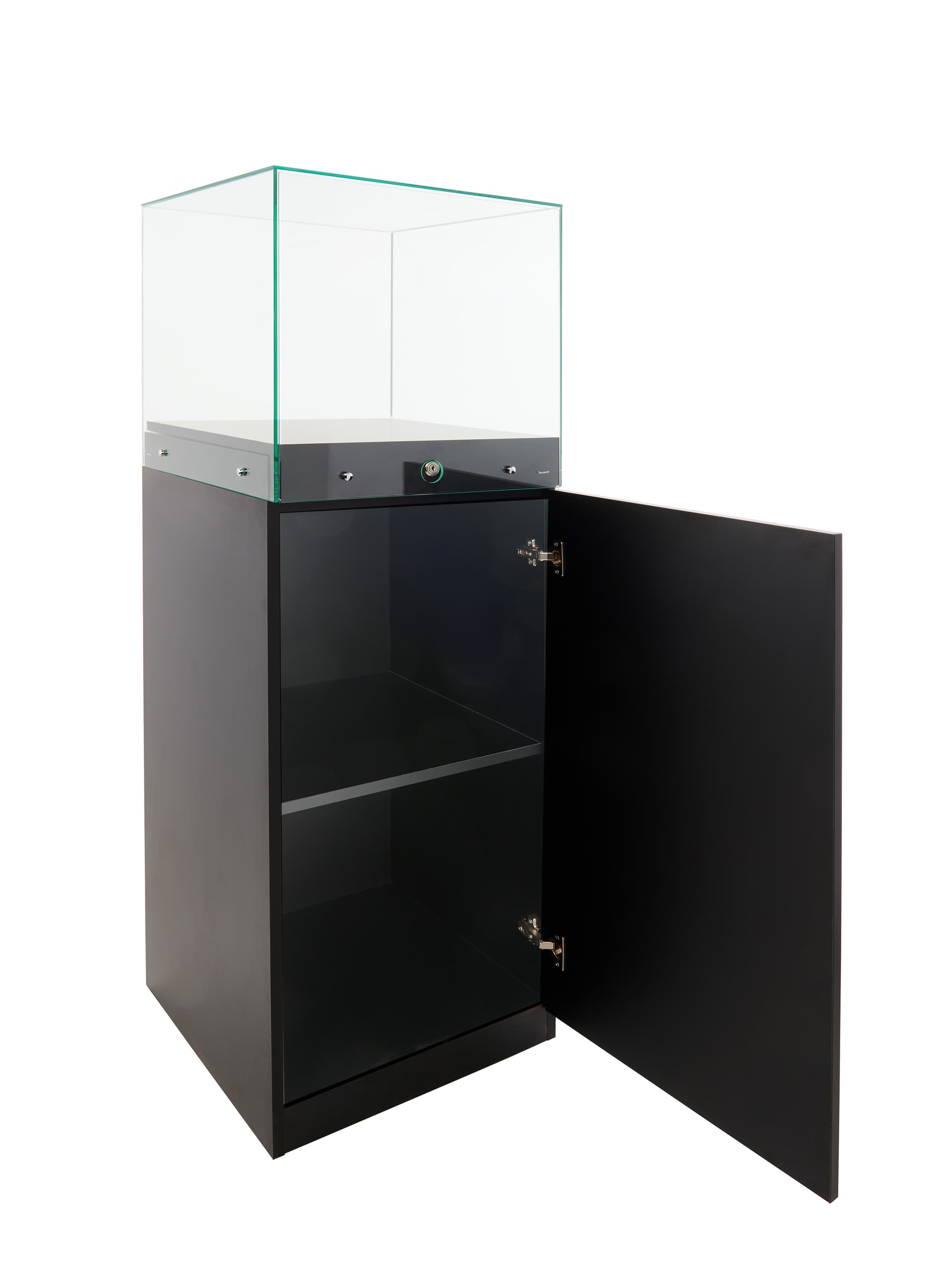 Glass-top pedestal display case with storage area with removable shelf  and 22lb weight capacity