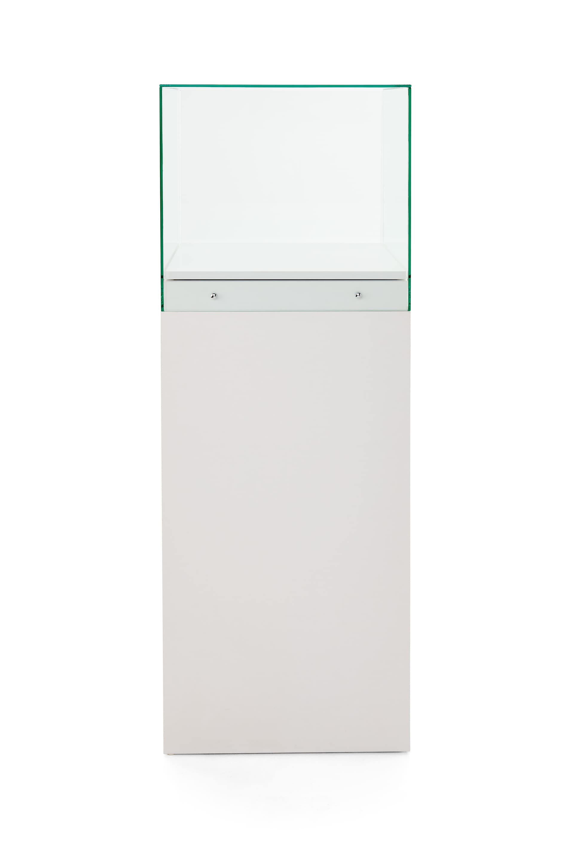Glass-top pedestal display case with storage