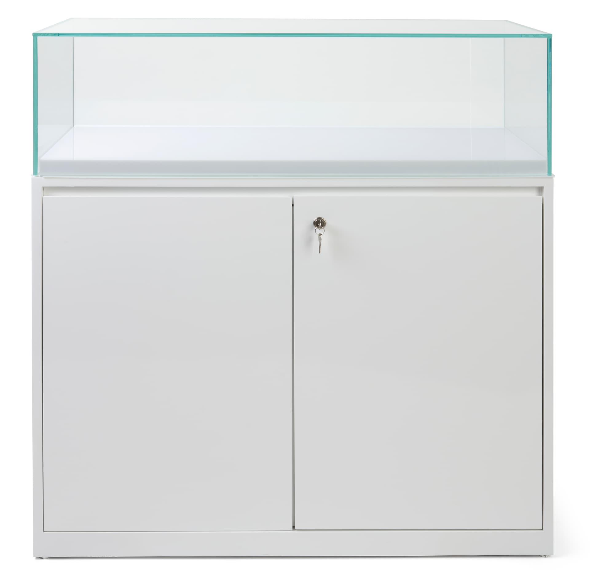 LED exhibit showcase with a set of keys for storage area 