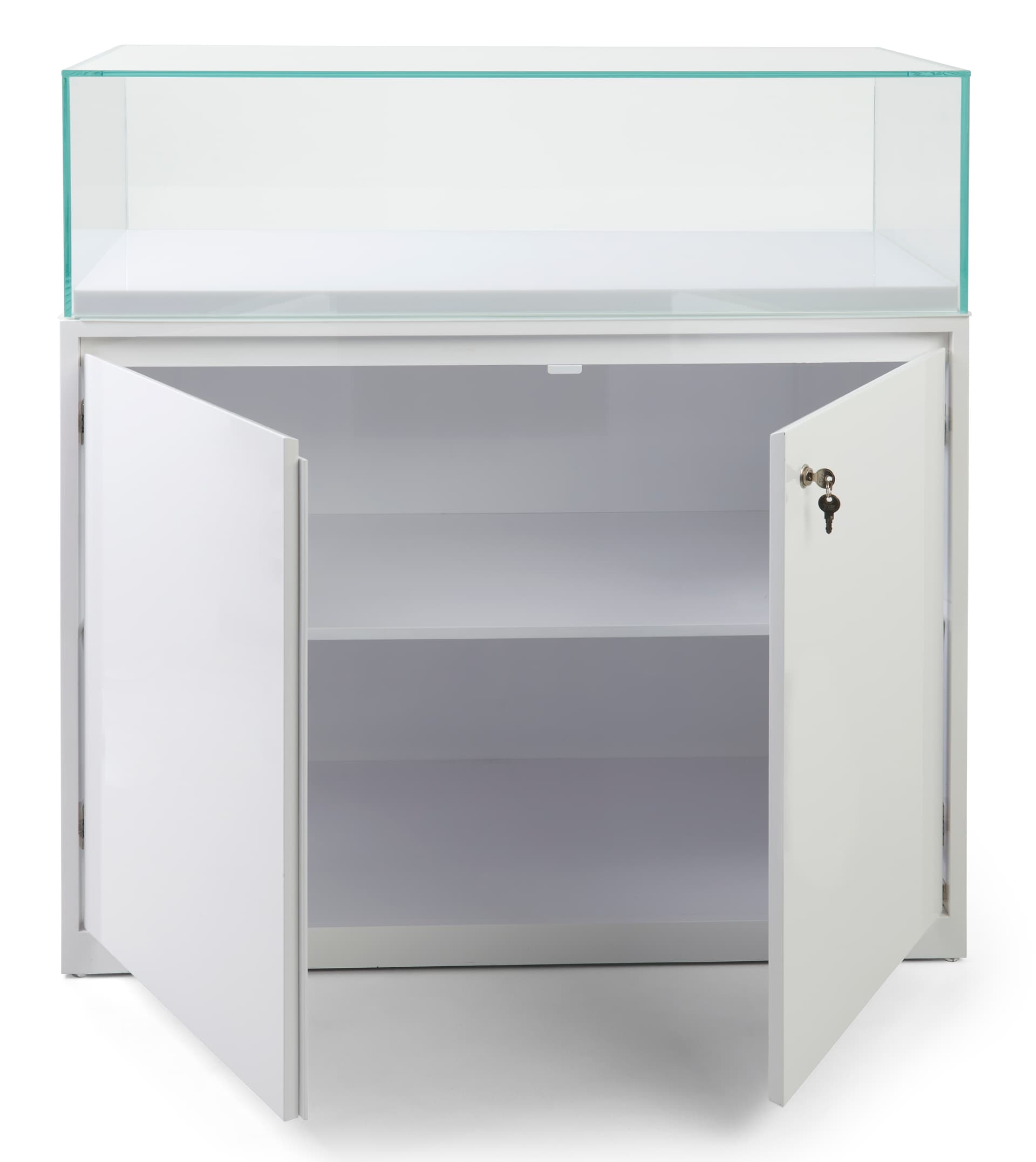 LED exhibit showcase with storage space on the unit's backside 