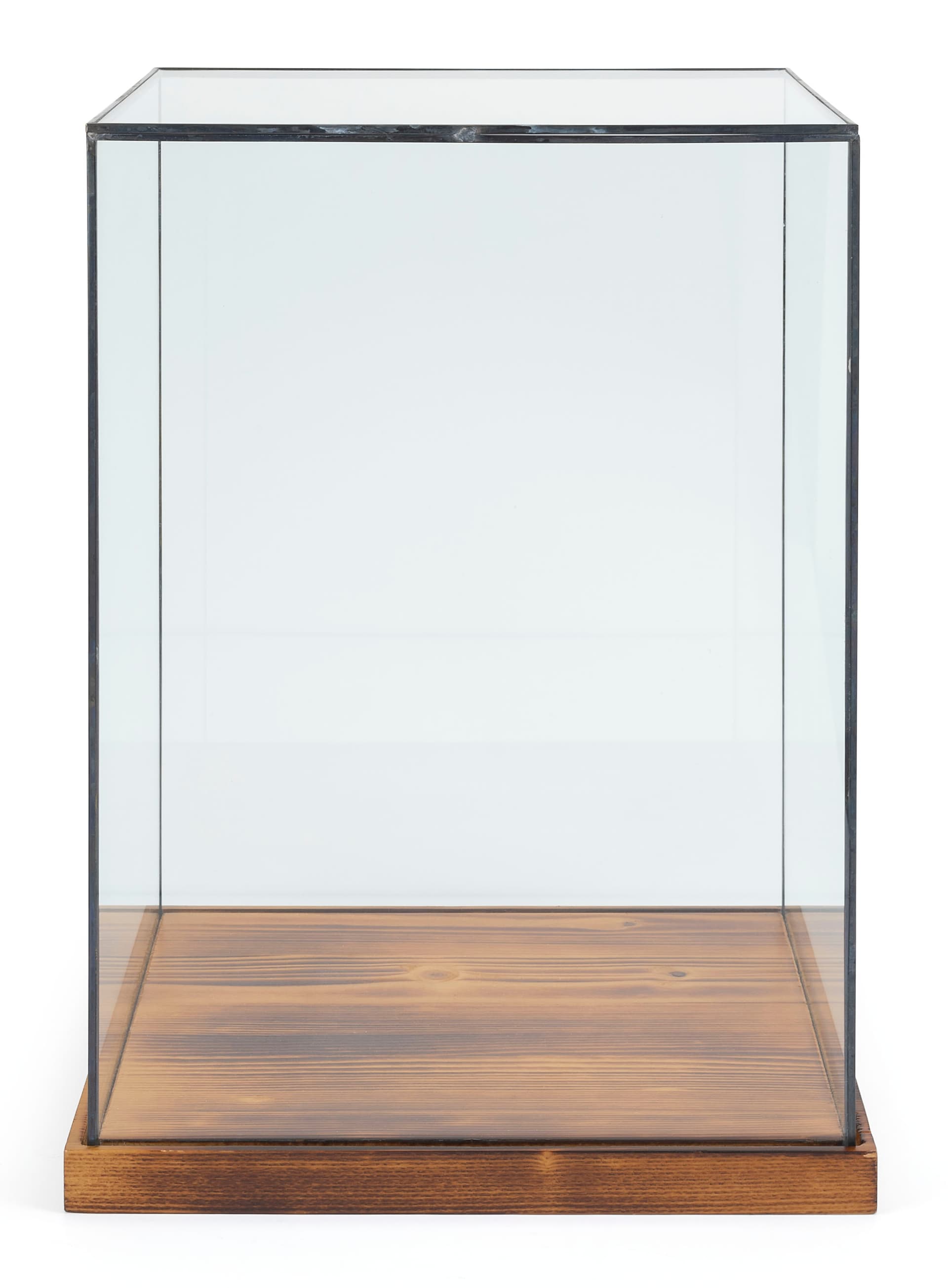 Tall wood and glass countertop display case with deep groove in base to keep cover secure