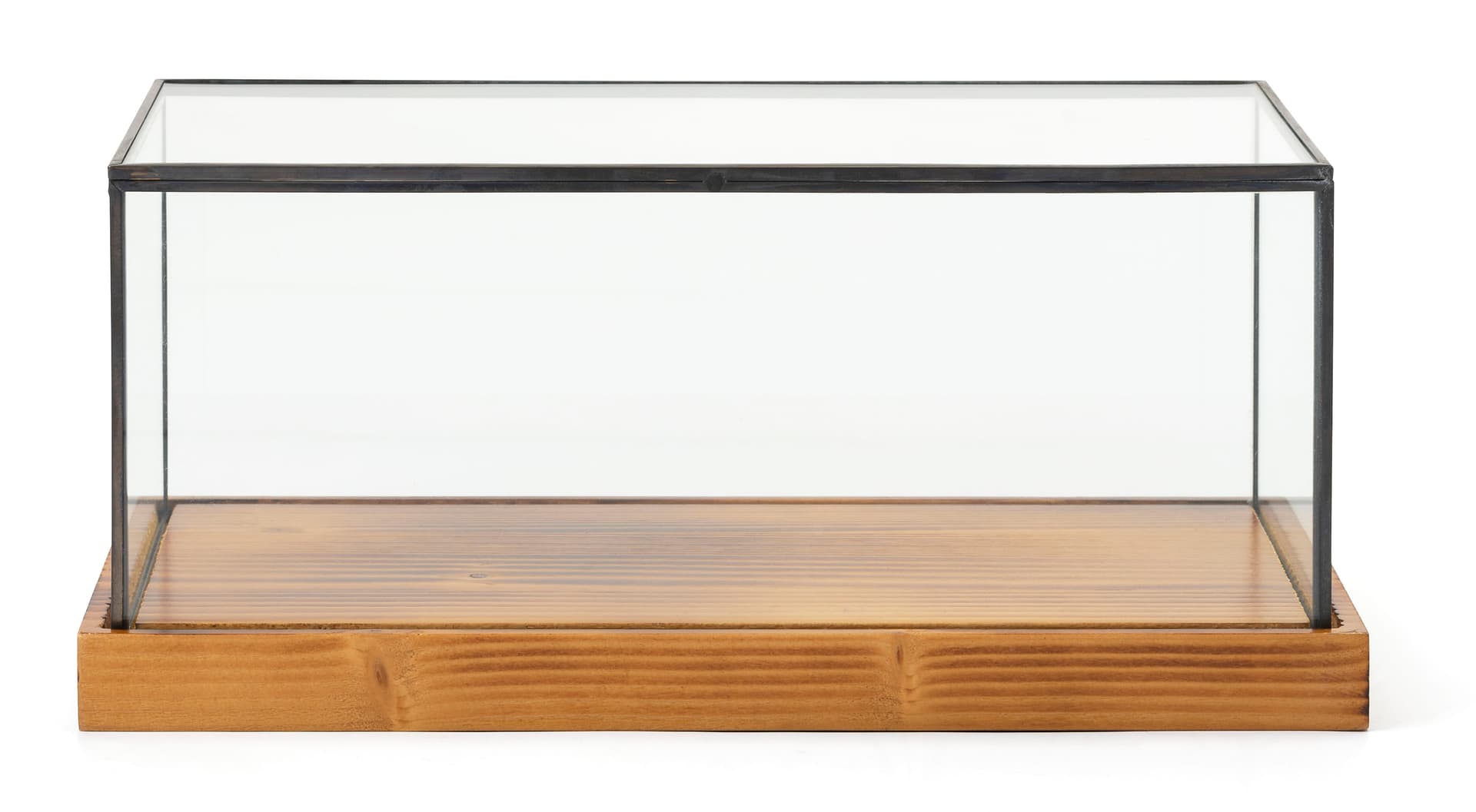 Rustic glass countertop showcase with overall dimensions of  12 w x 5.75 d x 5.5 h