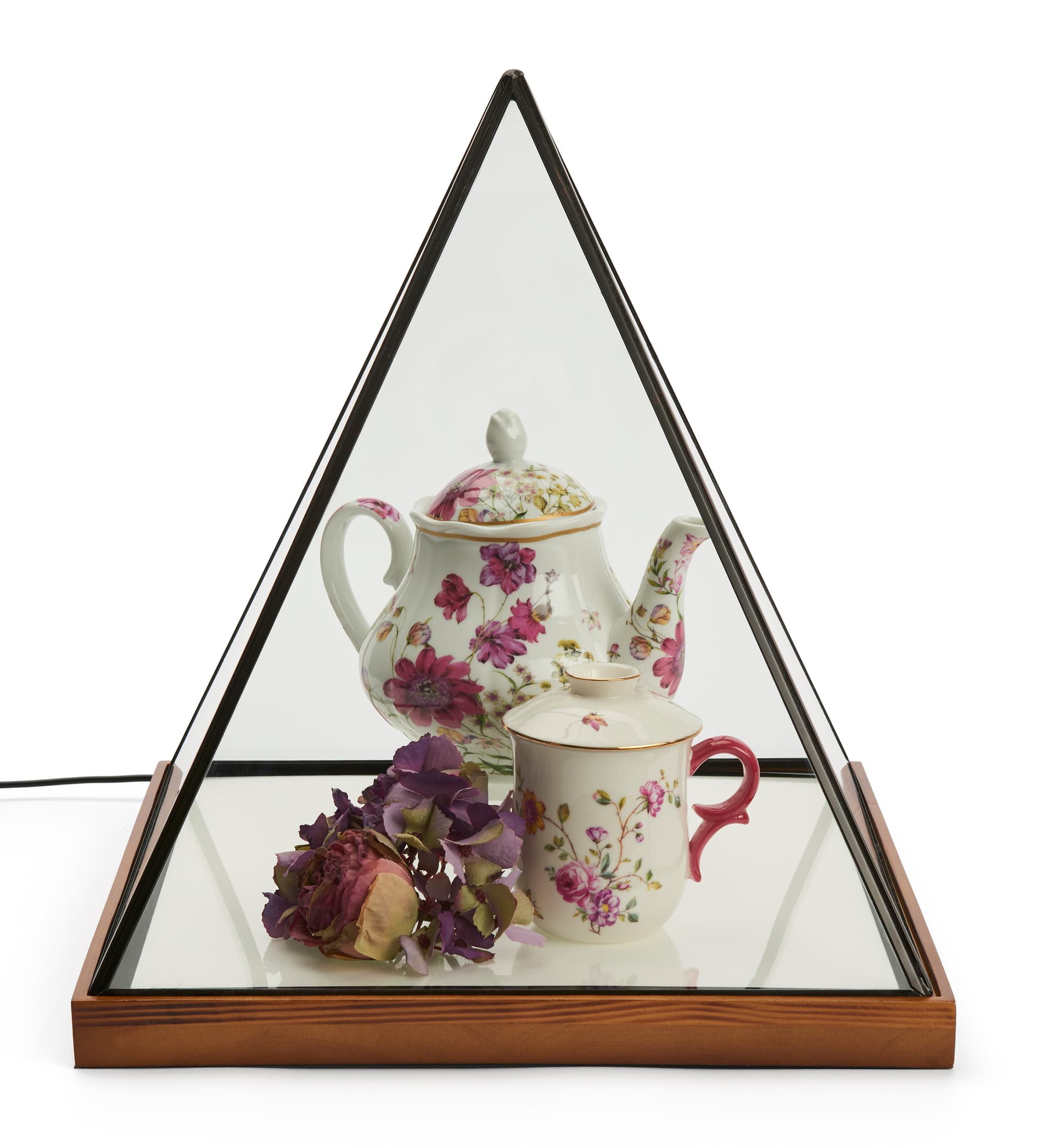 Lighted pyramid glass box with rubber wood base