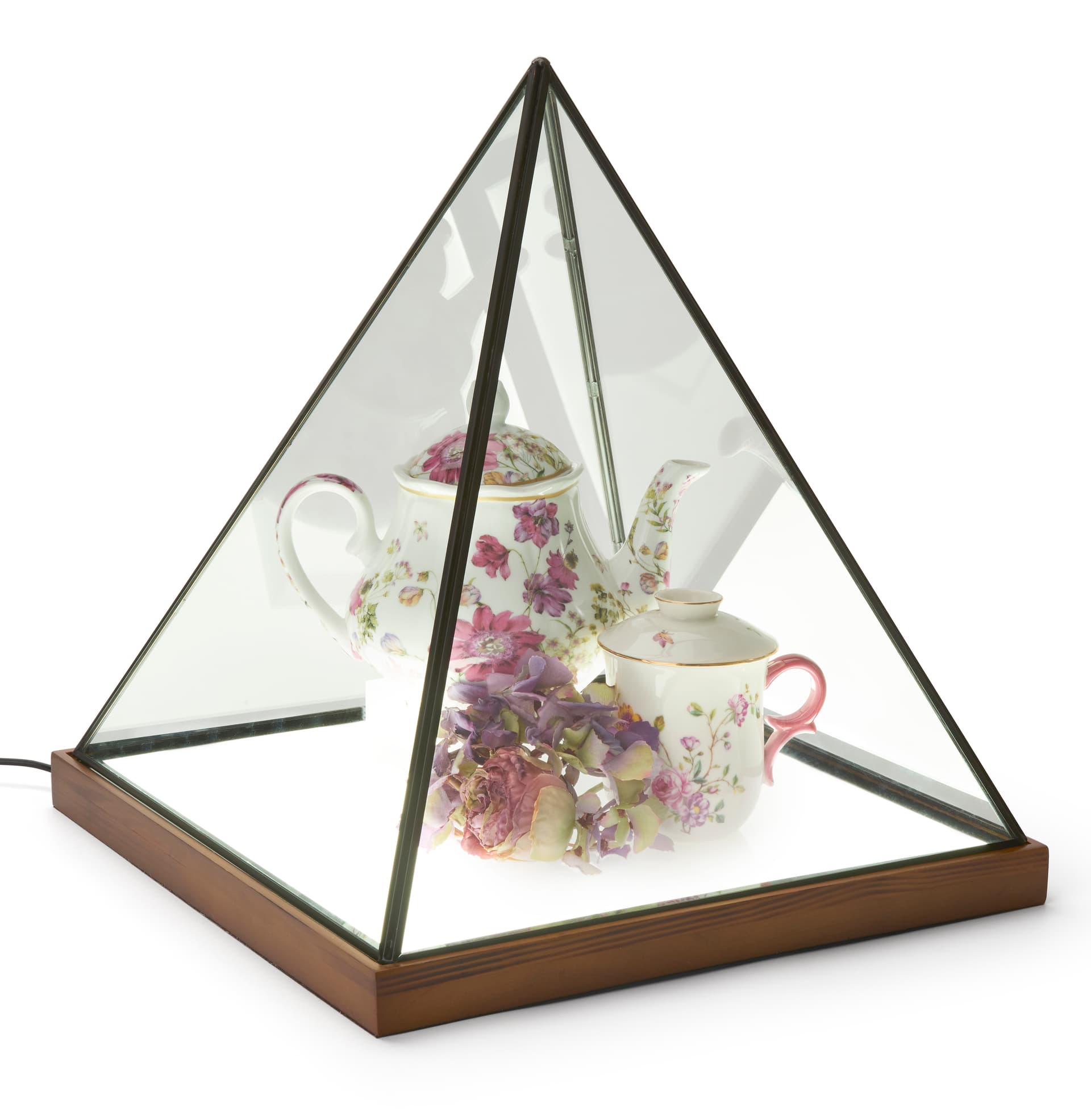 Lighted pyramid glass box with antique finish